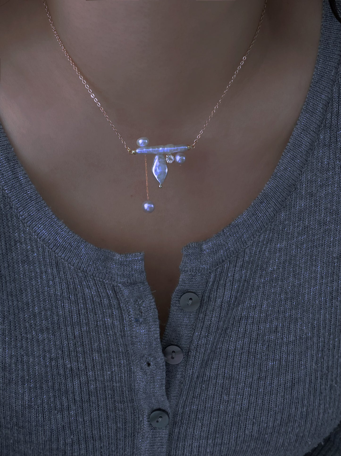 Baroque Long Stick Pearl Balance Beam Necklace Unique Geometric Design Asymmetrical Necklace for Women Birthday Luxe Gift for Her