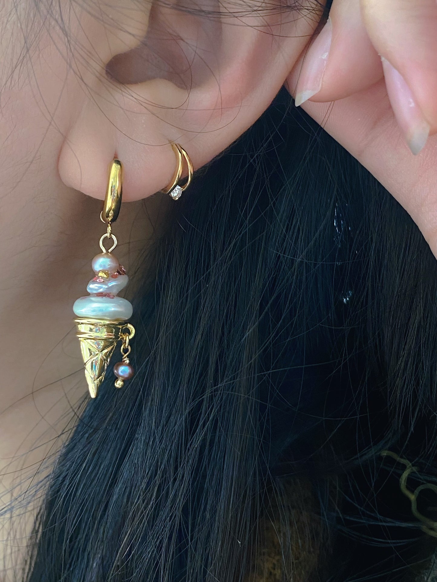 Strawberry Swirl Baroque Pearl Ice Cream Cone Earrings, Handmade Fun Statement Jewelry Summer Gift, Whimsical Pearl Earrings, Unique Earring