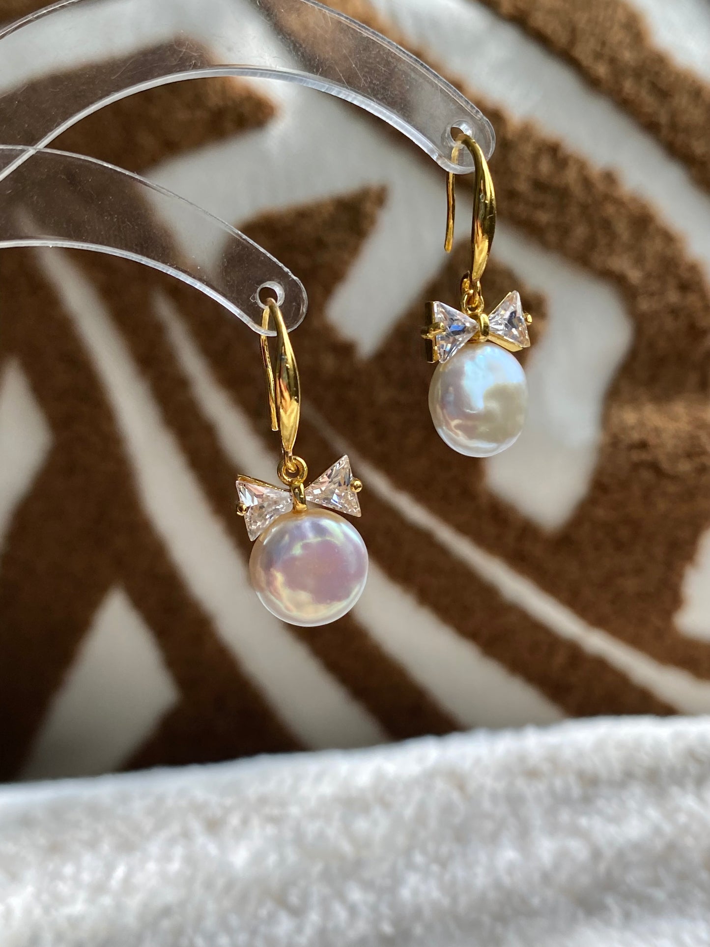 Handmade Natural Baroque Coin Pearl with Zircon Bow Hook Earrings,Cute Bow earring Elegant Dainty earring, Wedding Earrings, Bridesmaid Gift