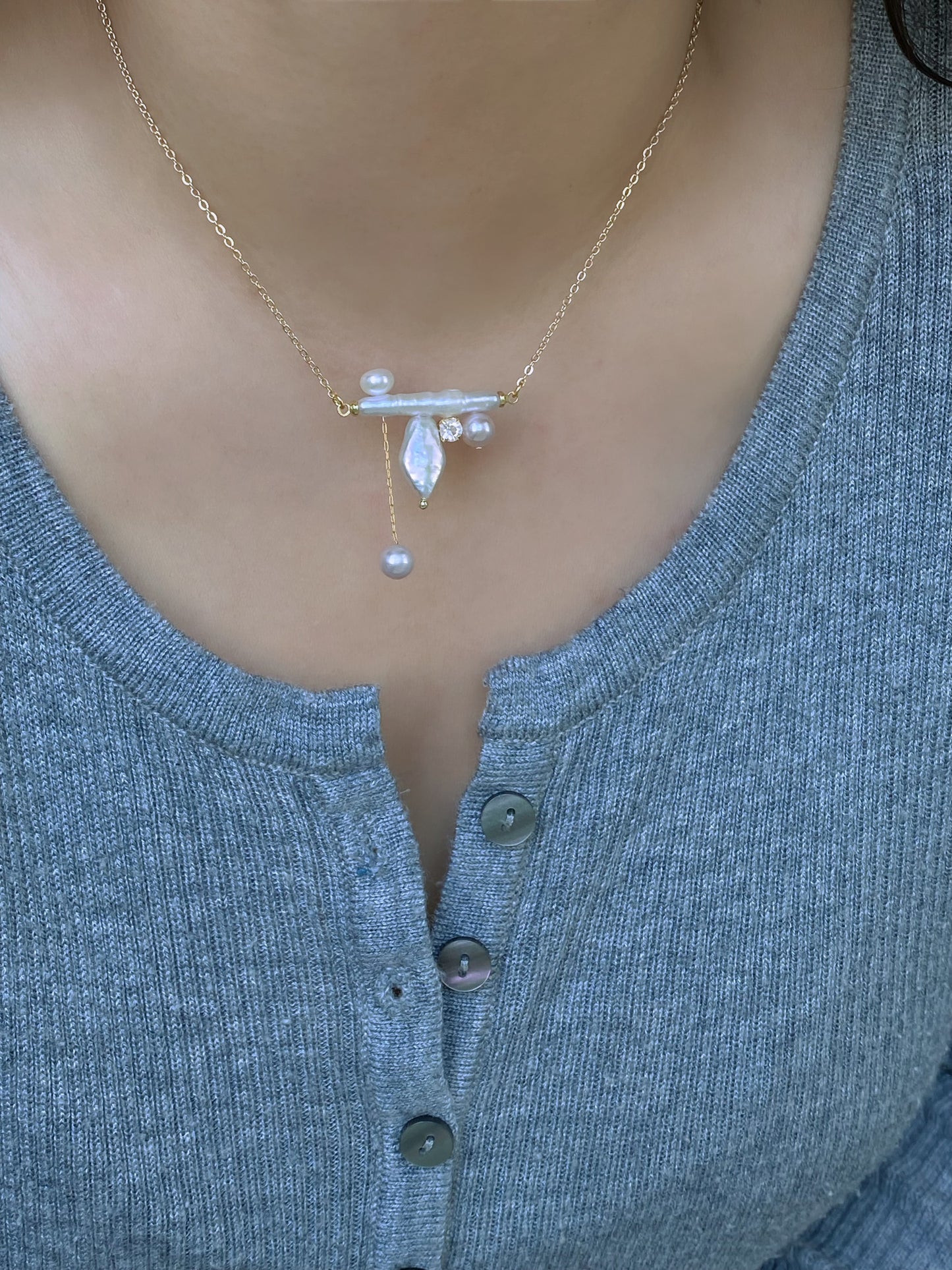 Baroque Long Stick Pearl Balance Beam Necklace Unique Geometric Design Asymmetrical Necklace for Women Birthday Luxe Gift for Her