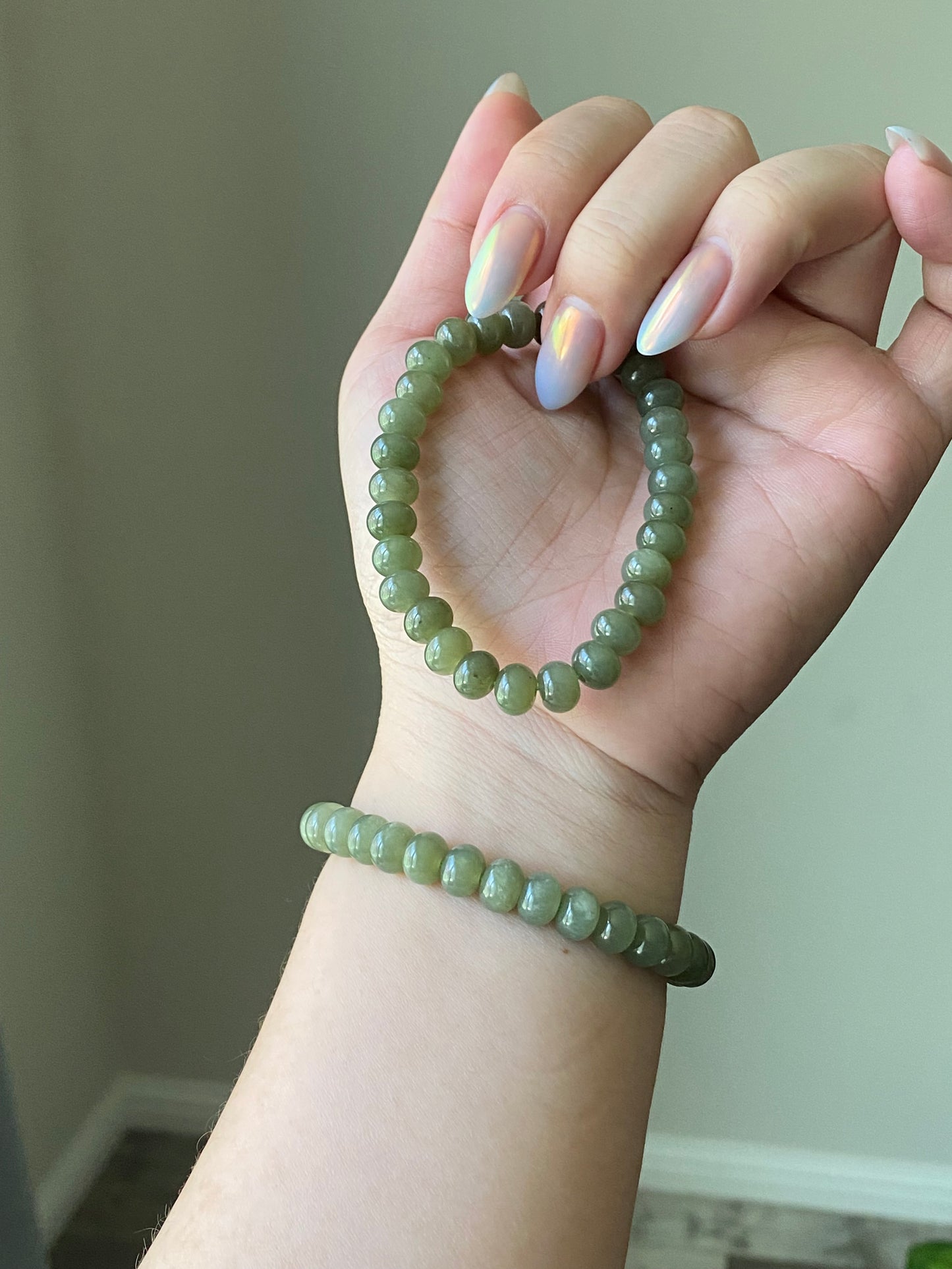 High Grade Nephrite Hetian Jade Biyu ,Abacus Bead Donut Ring Shape Green Bracelet Emotional Healing and Self-Acceptance 8MM