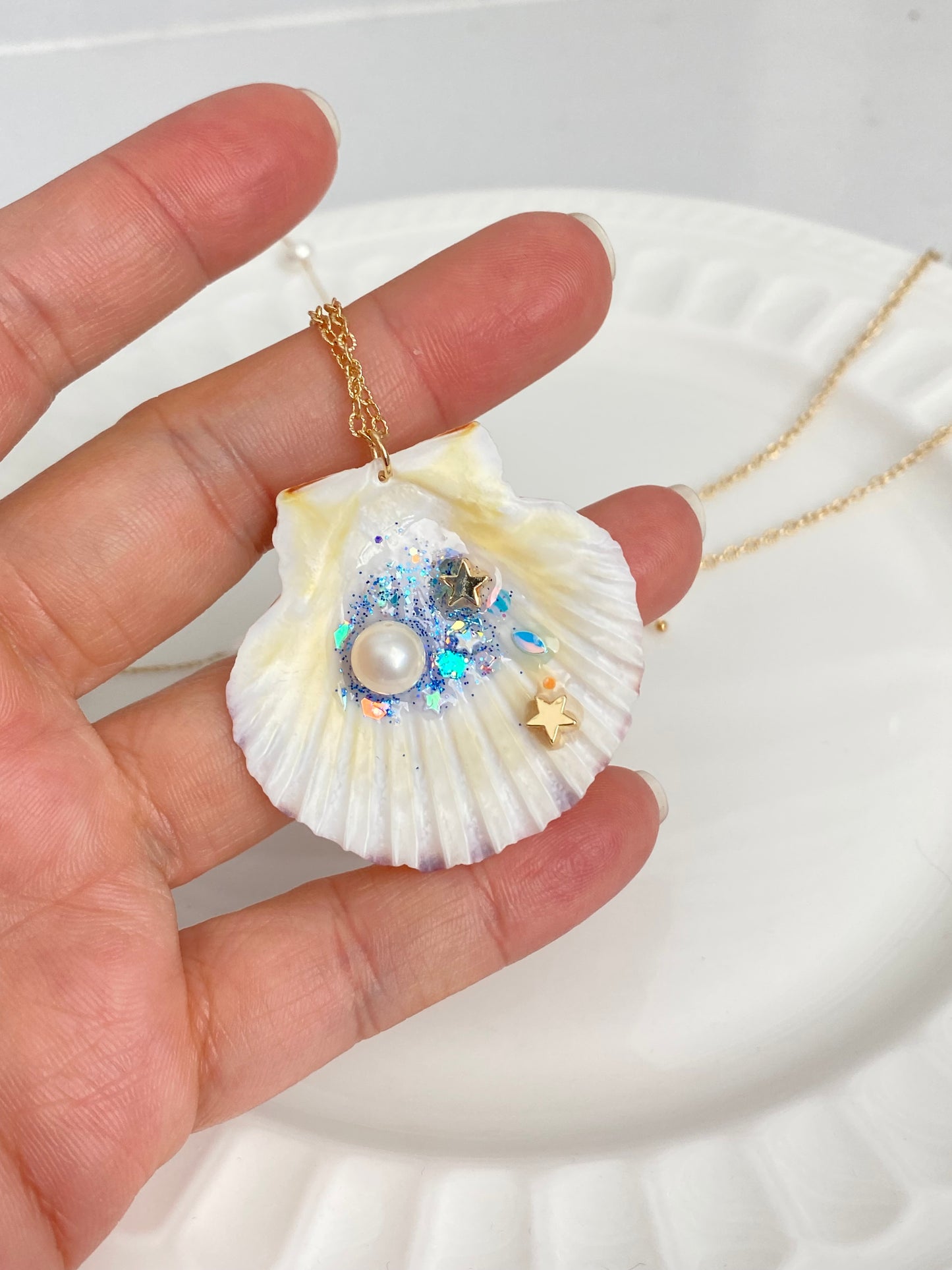 Handmade Reversible Seashell Pendant long Necklace – Ocean Fantasy with Pearls and Charms summer gift for her birthday gift anniversary gift