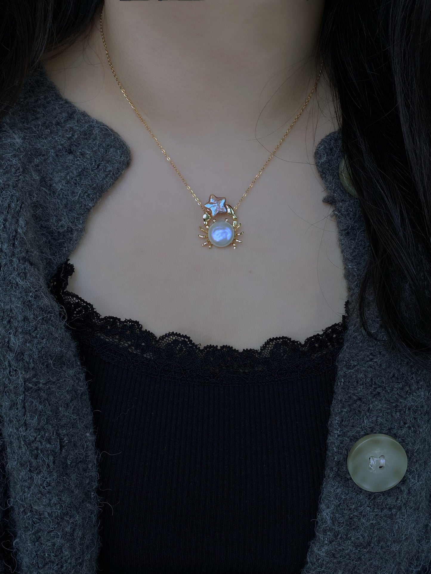 Celestial Crab Pearl Pendant – Gold Crab Baroque Pearl Necklace, Ocean Lover Gift, Cancer Zodiac Jewelry, Handmade unique star Necklace