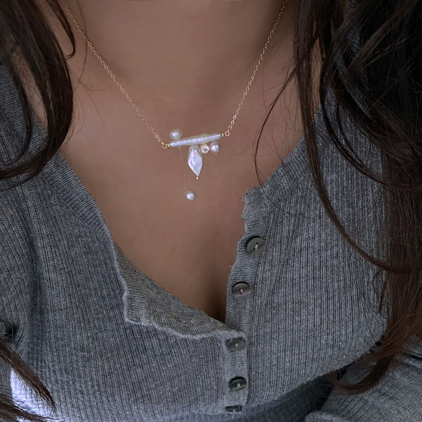 Baroque Long Stick Pearl Balance Beam Necklace Unique Geometric Design Asymmetrical Necklace for Women Birthday Luxe Gift for Her
