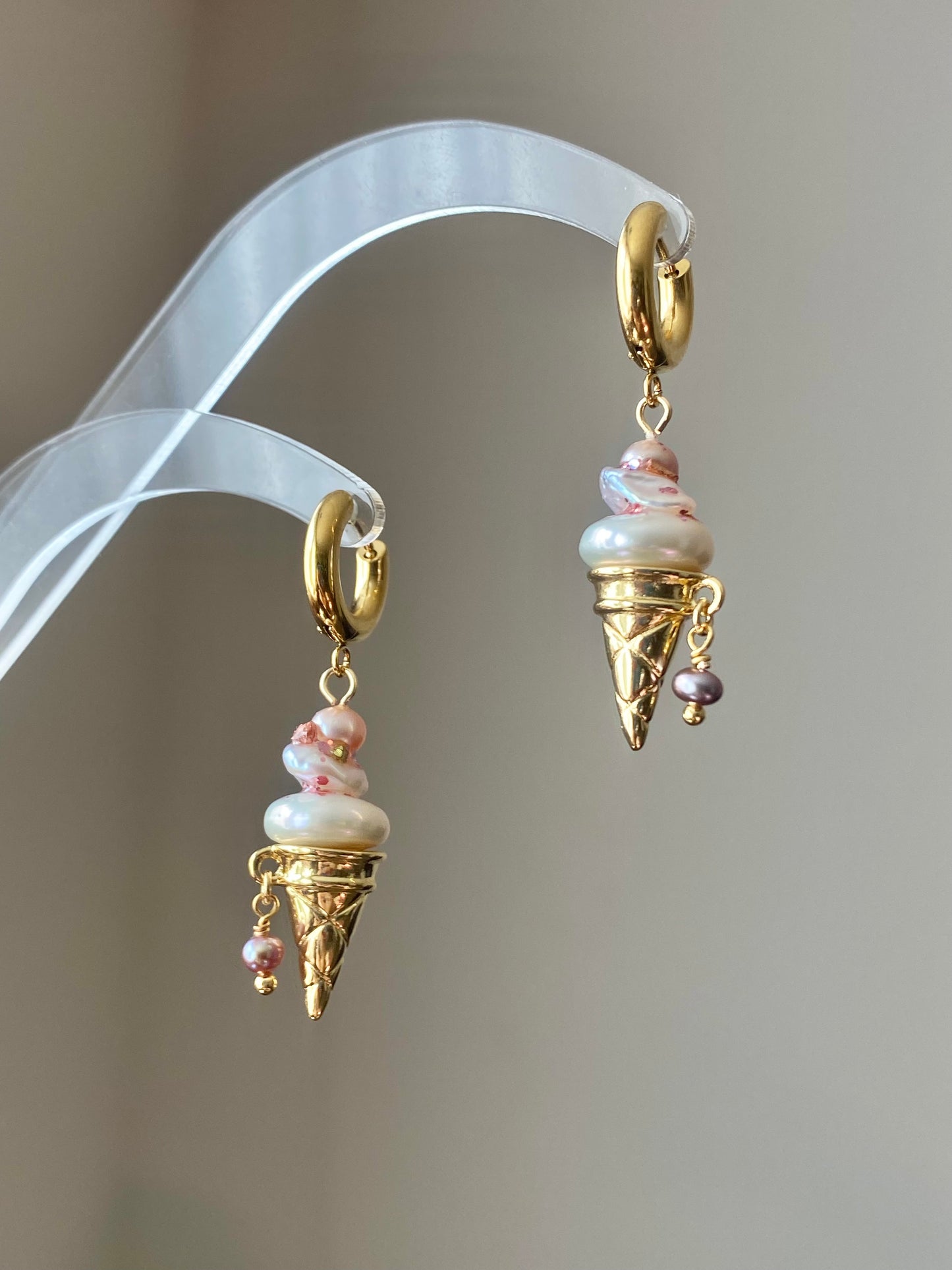 Strawberry Swirl Baroque Pearl Ice Cream Cone Earrings, Handmade Fun Statement Jewelry Summer Gift, Whimsical Pearl Earrings, Unique Earring