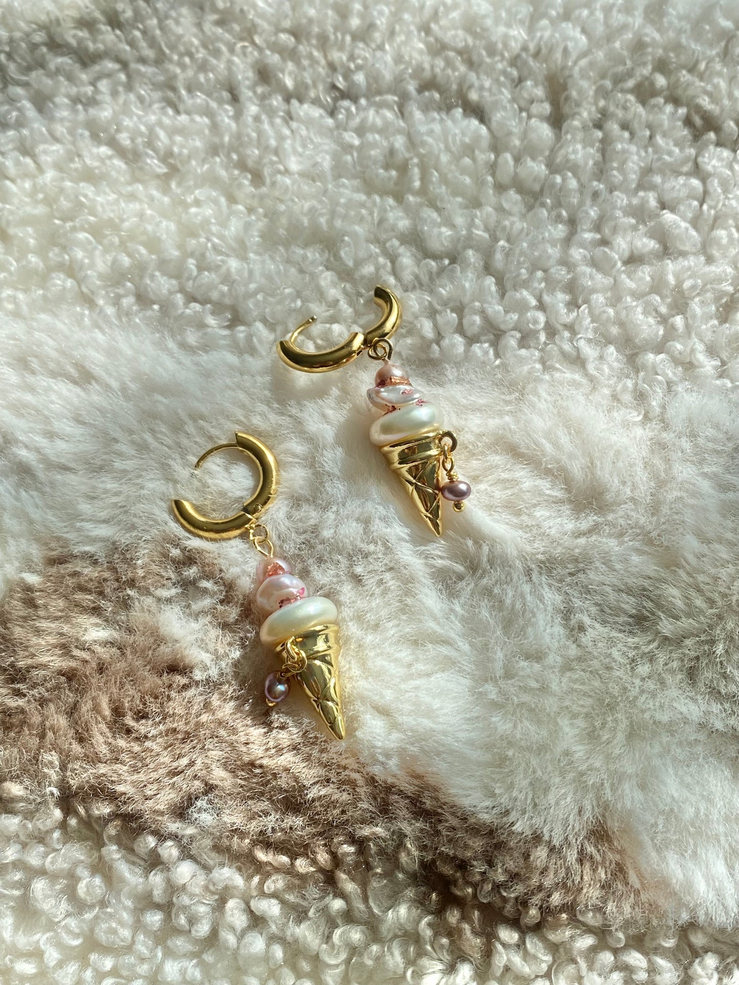 Strawberry Swirl Baroque Pearl Ice Cream Cone Earrings, Handmade Fun Statement Jewelry Summer Gift, Whimsical Pearl Earrings, Unique Earring