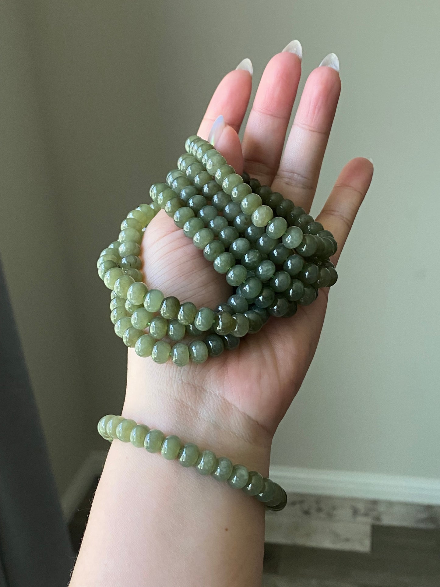 High Grade Nephrite Hetian Jade Biyu ,Abacus Bead Donut Ring Shape Green Bracelet Emotional Healing and Self-Acceptance 8MM