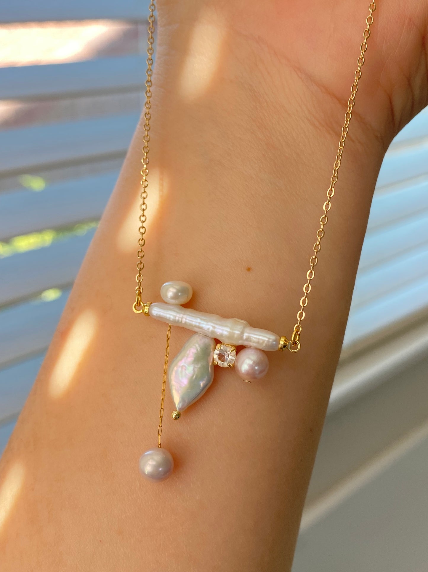 Baroque Long Stick Pearl Balance Beam Necklace Unique Geometric Design Asymmetrical Necklace for Women Birthday Luxe Gift for Her