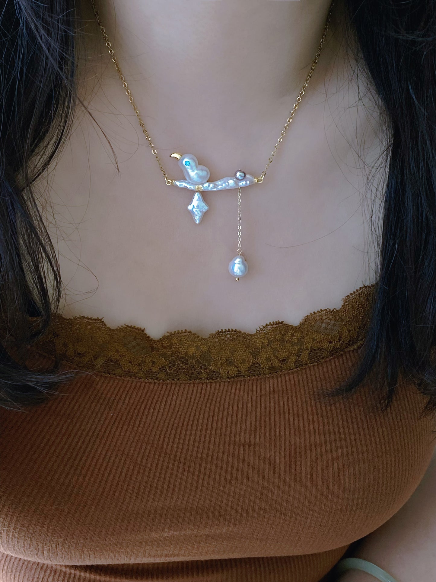 Handmade Nature-Inspired Baroque Pearl Bird Pendant Necklace Unique Gift for Bird Lovers Whimsical Forest Fairy Pearl Jewelry gift for her
