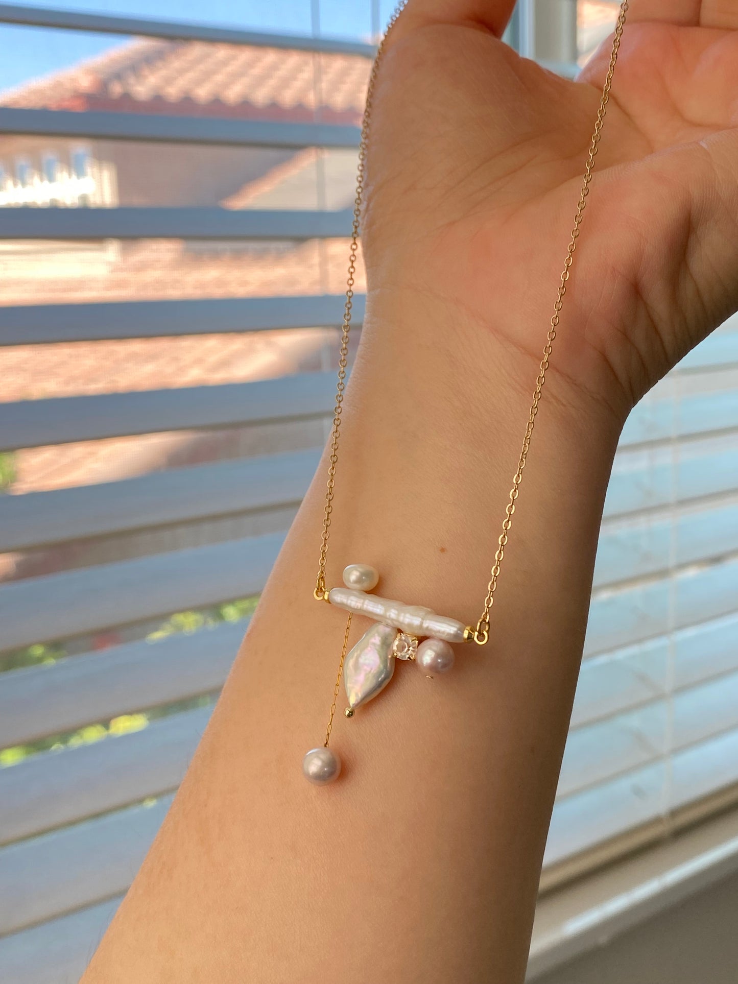 Baroque Long Stick Pearl Balance Beam Necklace Unique Geometric Design Asymmetrical Necklace for Women Birthday Luxe Gift for Her