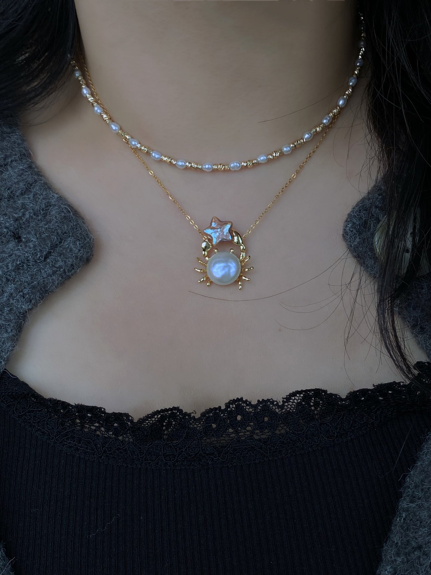 Celestial Crab Pearl Pendant – Gold Crab Baroque Pearl Necklace, Ocean Lover Gift, Cancer Zodiac Jewelry, Handmade unique star Necklace