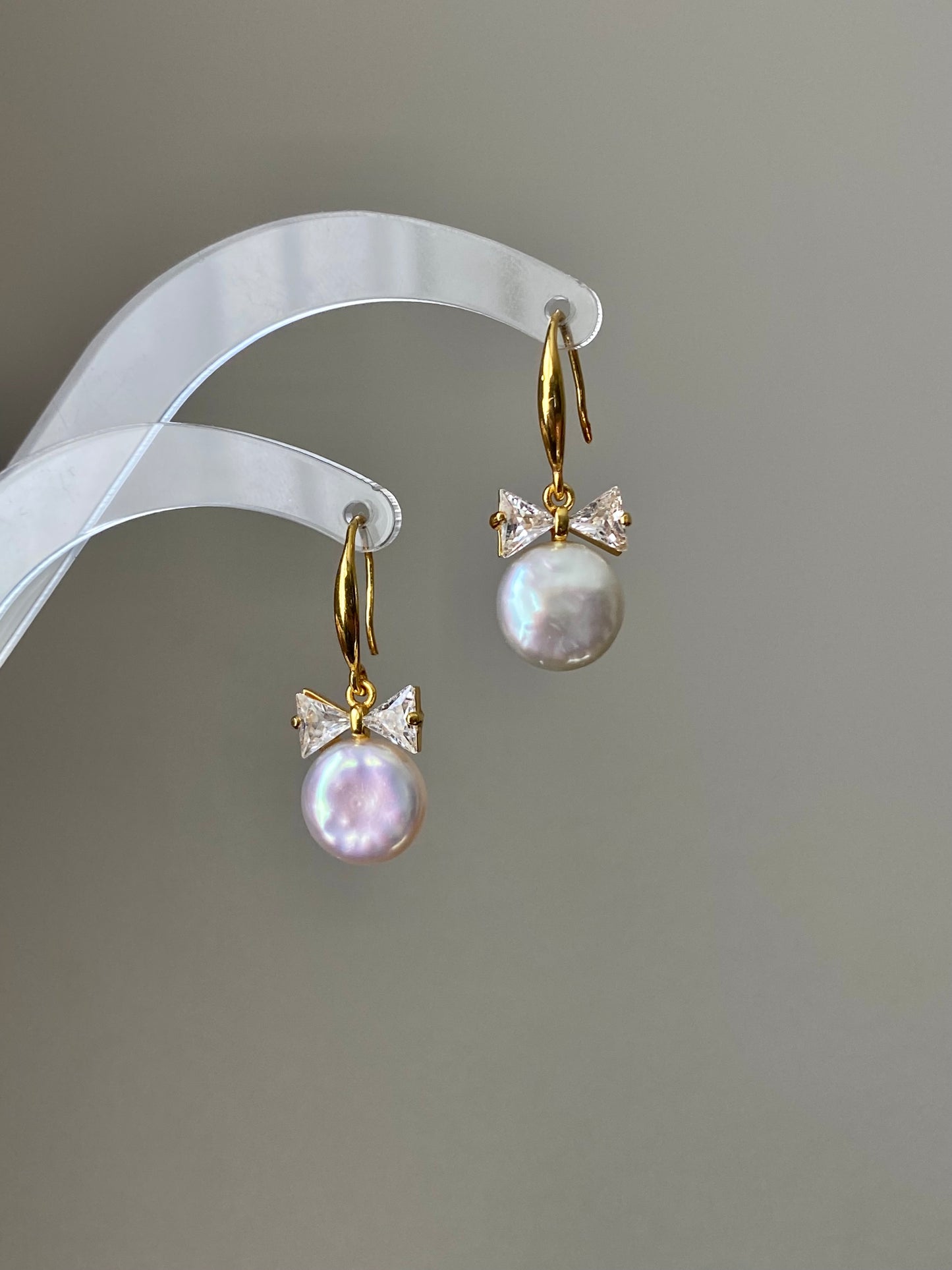 Handmade Natural Baroque Coin Pearl with Zircon Bow Hook Earrings,Cute Bow earring Elegant Dainty earring, Wedding Earrings, Bridesmaid Gift
