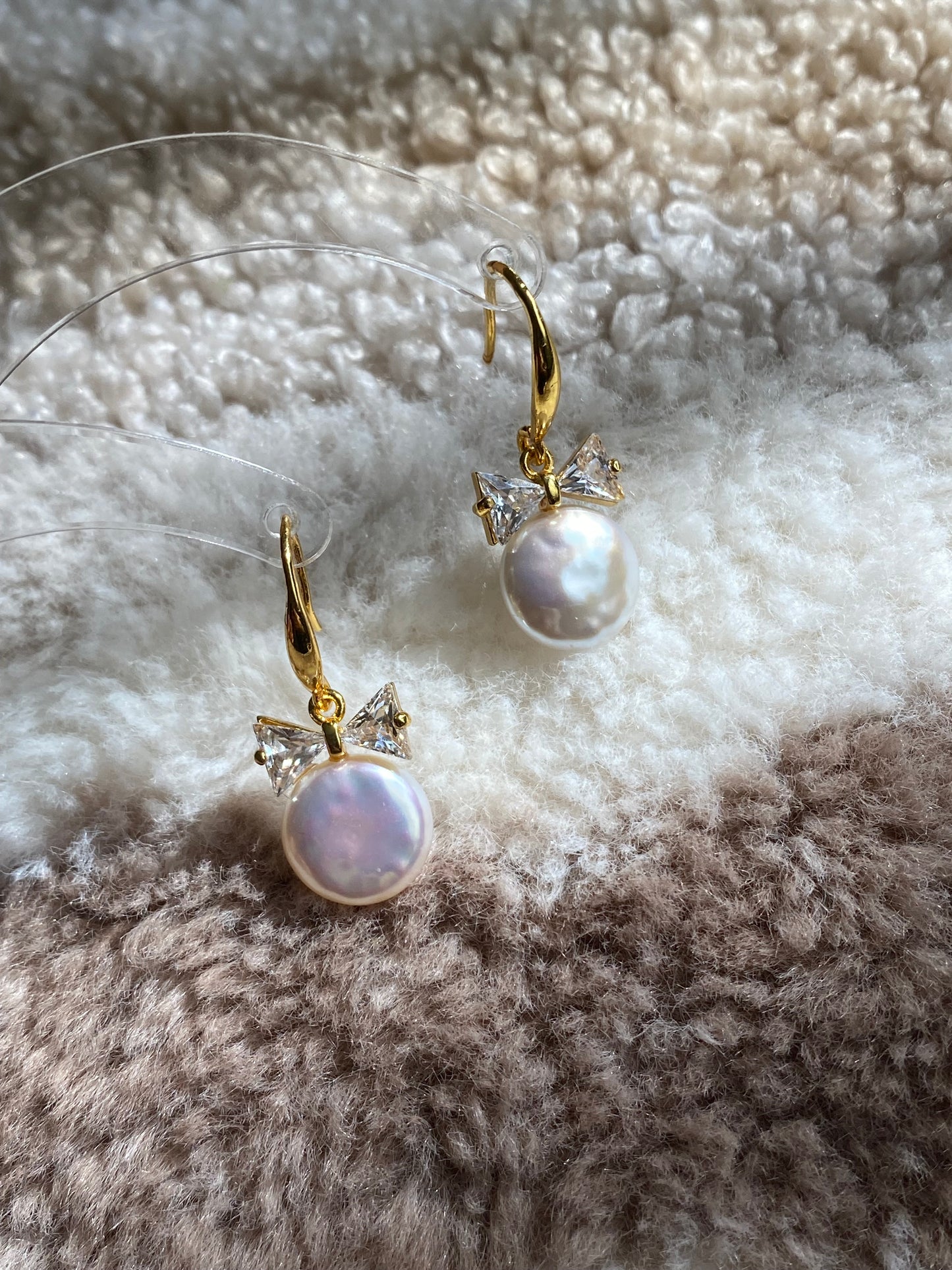 Handmade Natural Baroque Coin Pearl with Zircon Bow Hook Earrings,Cute Bow earring Elegant Dainty earring, Wedding Earrings, Bridesmaid Gift
