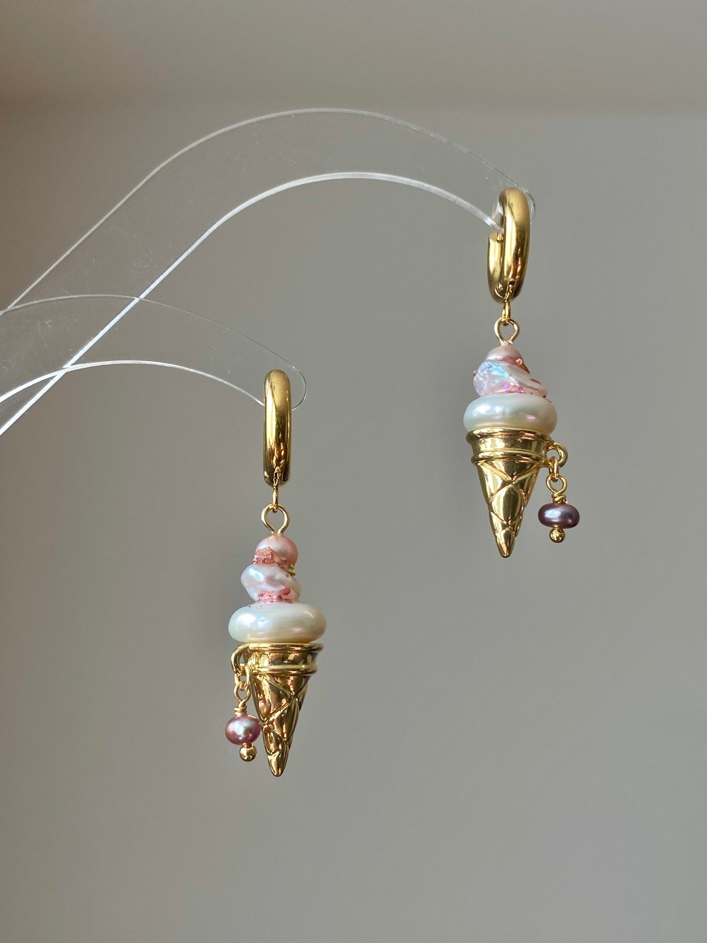 Strawberry Swirl Baroque Pearl Ice Cream Cone Earrings, Handmade Fun Statement Jewelry Summer Gift, Whimsical Pearl Earrings, Unique Earring