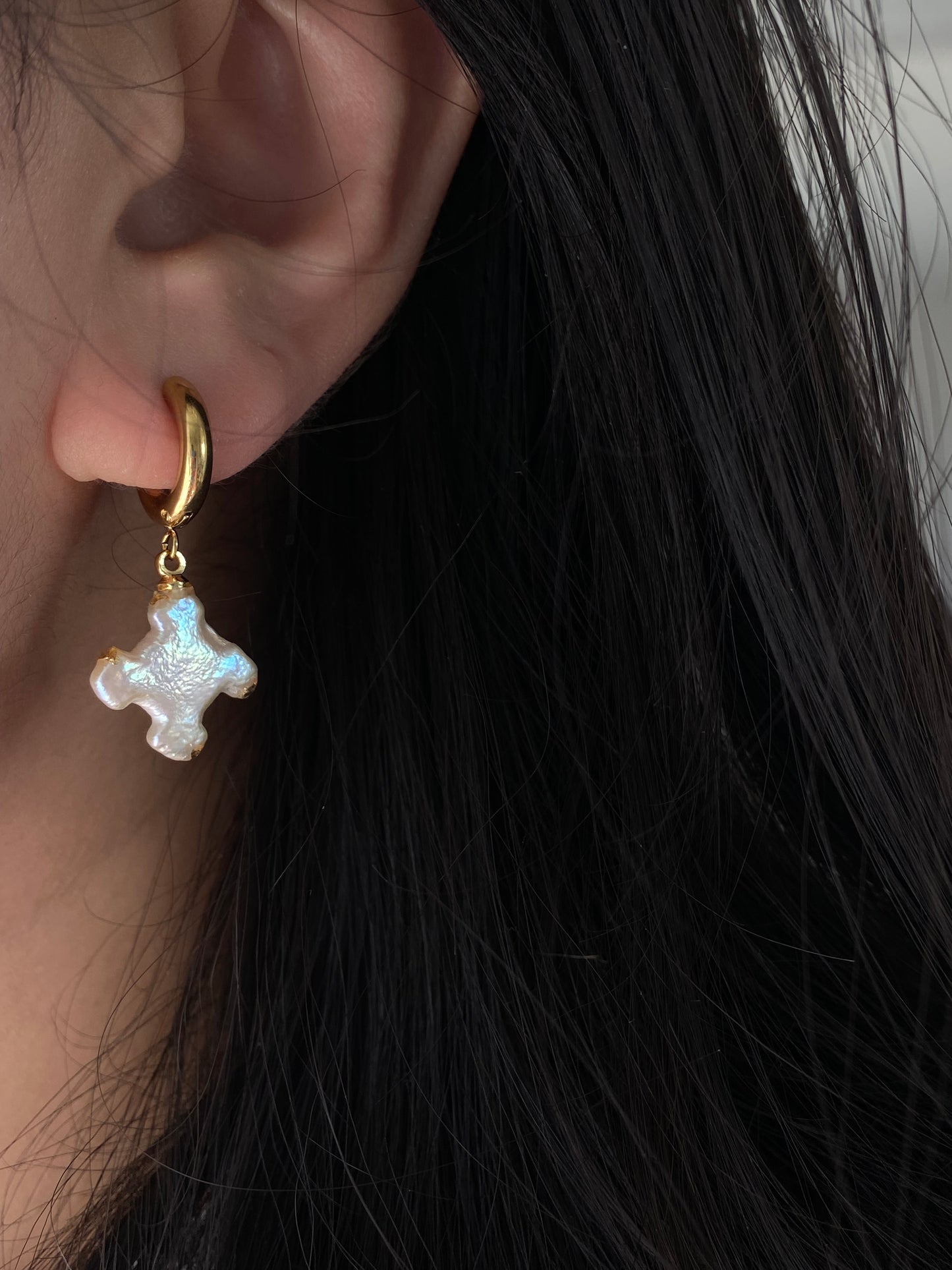 Dainty Petal Cross Pearl Earrings 3 in 1 | Baroque Pearl Pendant | Zircon Stud or Gold Hoop | Bridesmaid Gift for Her love gift