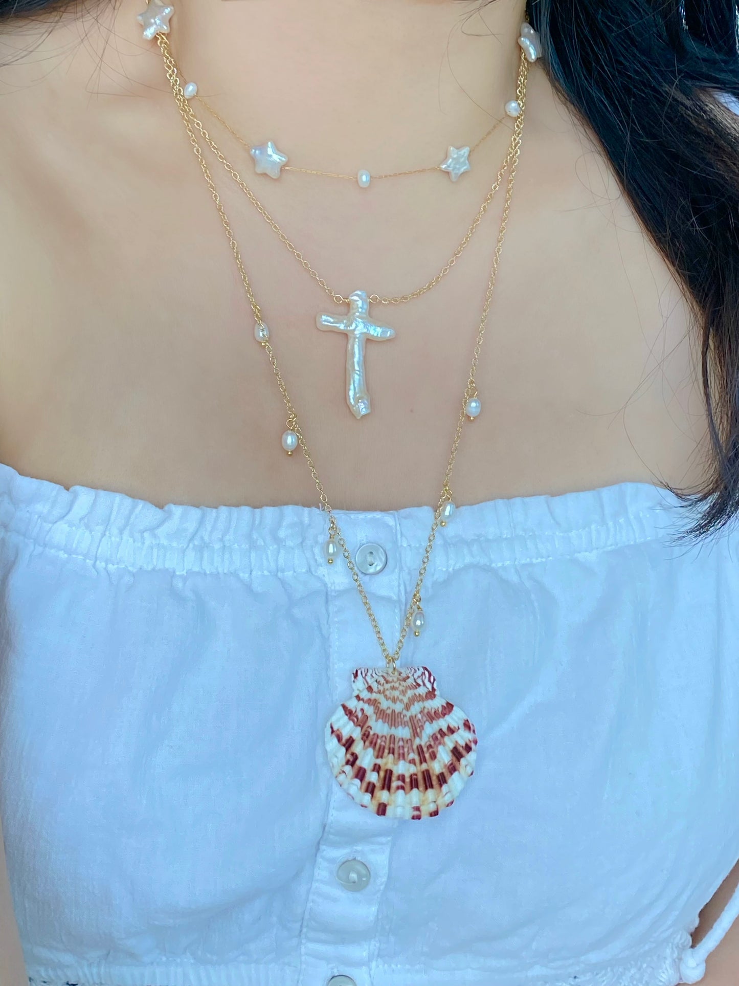 Handmade Reversible Seashell Pendant long Necklace – Ocean Fantasy with Pearls and Charms summer gift for her birthday gift anniversary gift