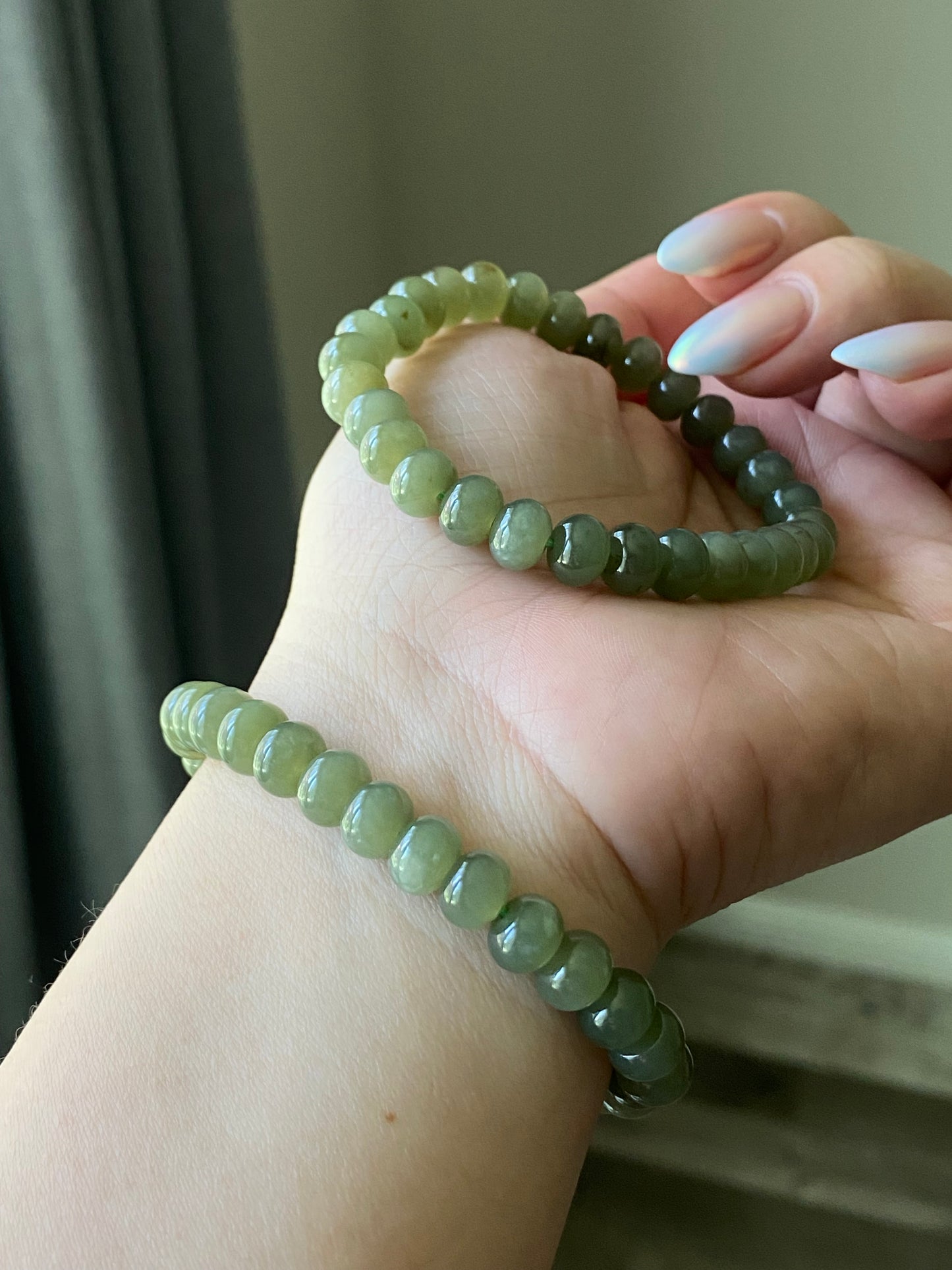 High Grade Nephrite Hetian Jade Biyu ,Abacus Bead Donut Ring Shape Green Bracelet Emotional Healing and Self-Acceptance 8MM