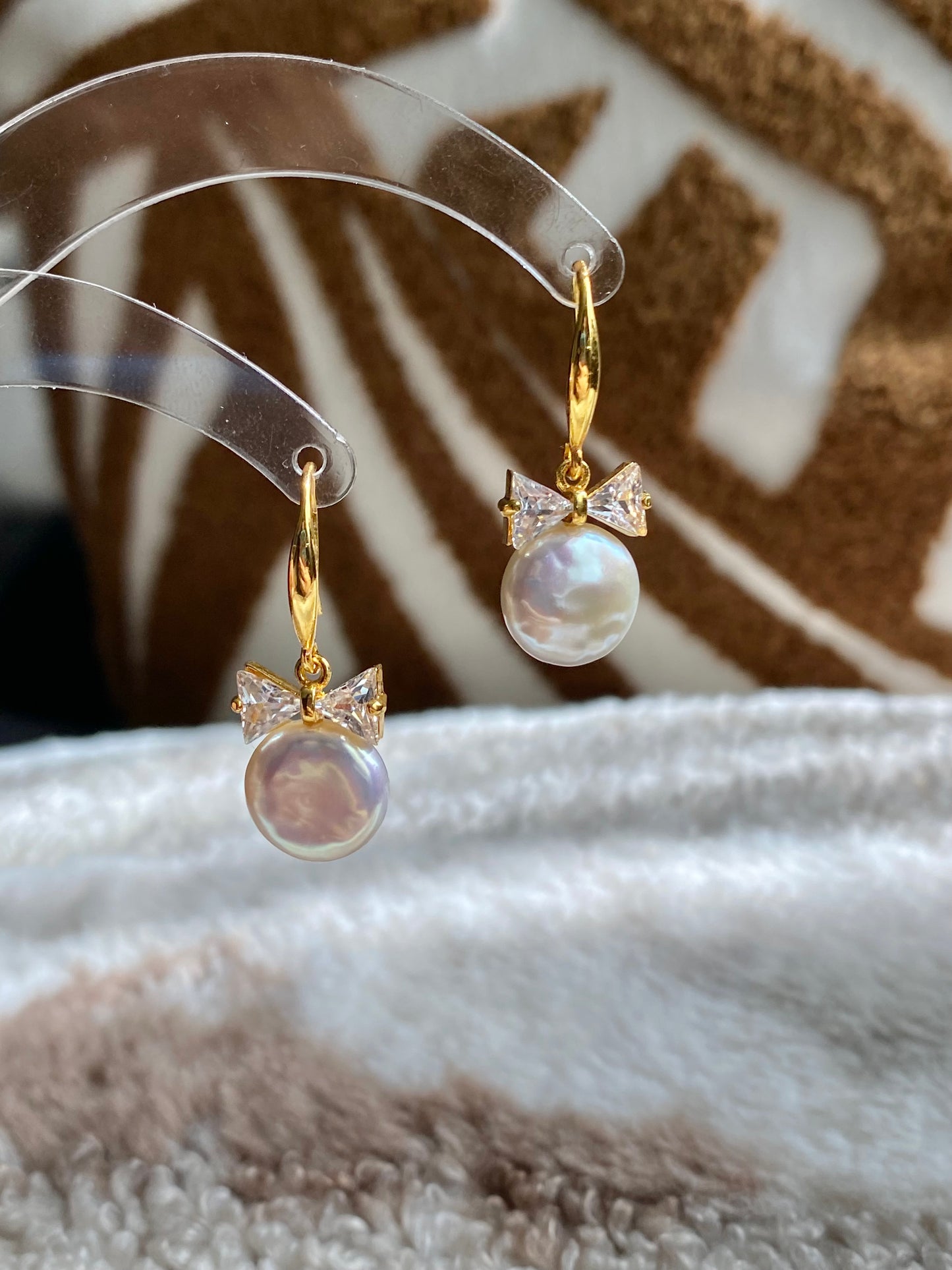 Handmade Natural Baroque Coin Pearl with Zircon Bow Hook Earrings,Cute Bow earring Elegant Dainty earring, Wedding Earrings, Bridesmaid Gift