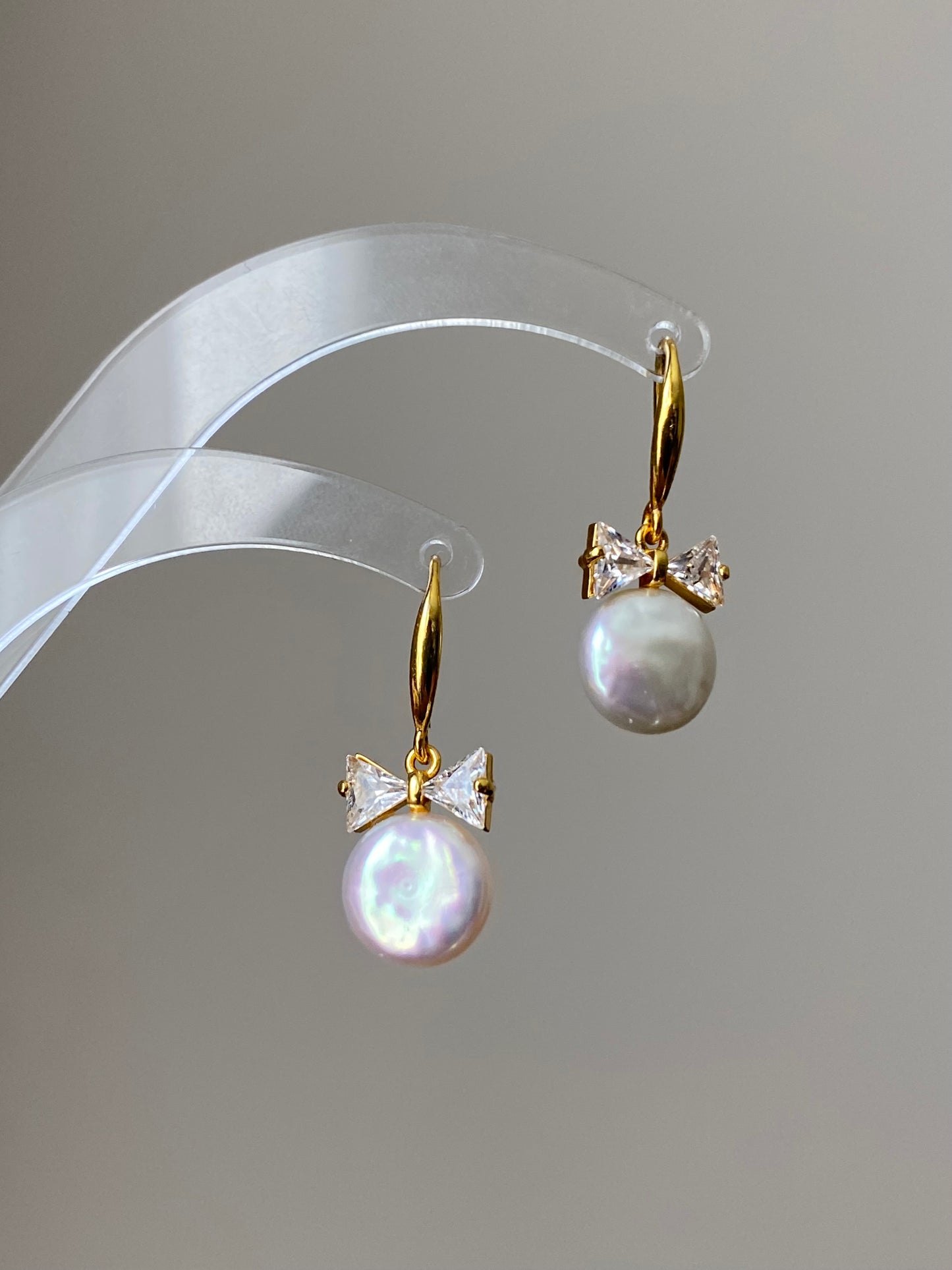 Handmade Natural Baroque Coin Pearl with Zircon Bow Hook Earrings,Cute Bow earring Elegant Dainty earring, Wedding Earrings, Bridesmaid Gift