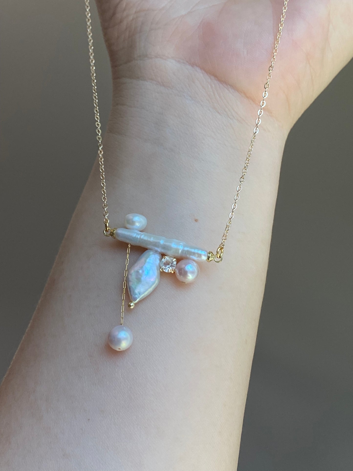 Baroque Long Stick Pearl Balance Beam Necklace Unique Geometric Design Asymmetrical Necklace for Women Birthday Luxe Gift for Her