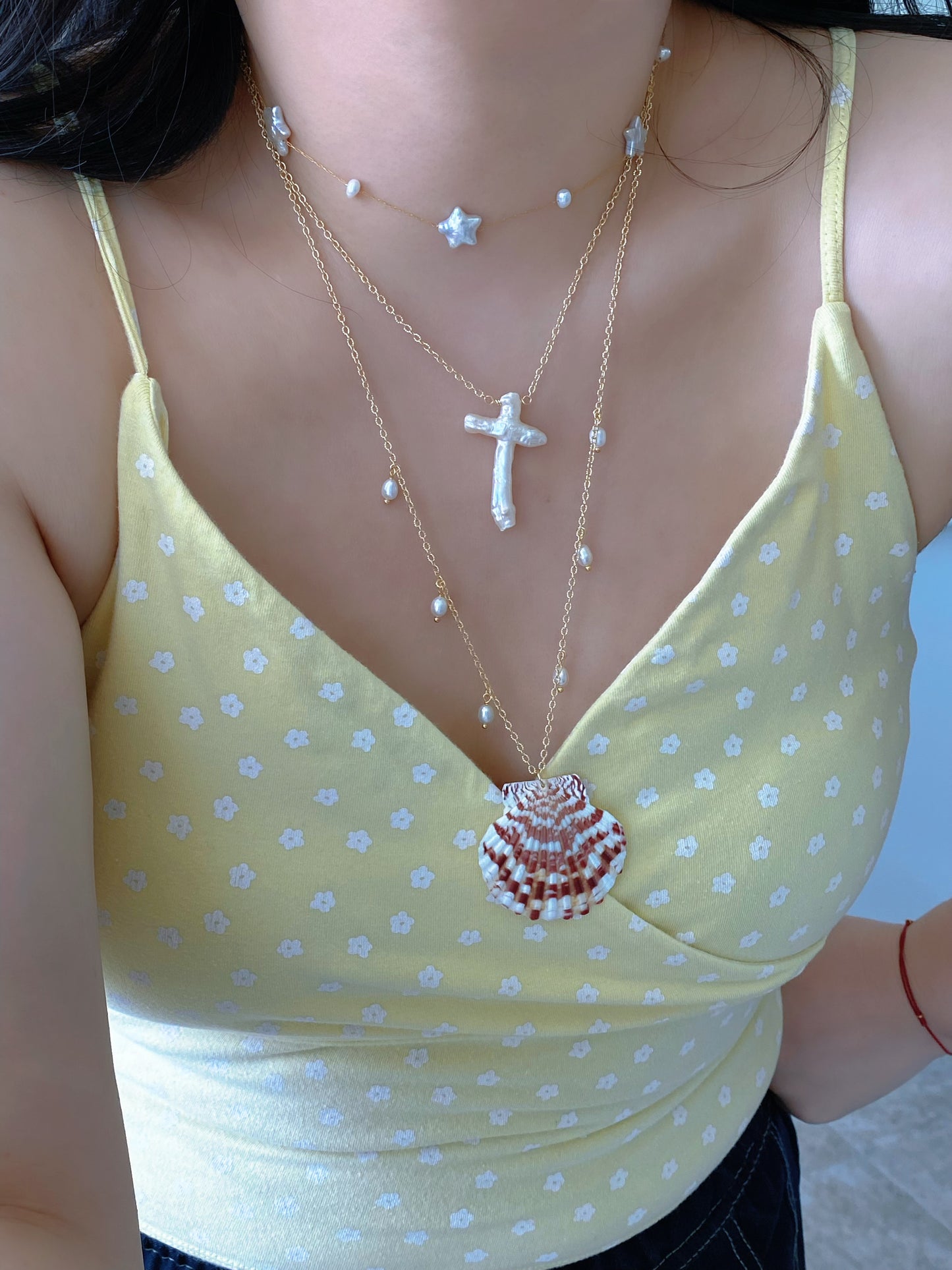 Handmade Reversible Seashell Pendant long Necklace – Ocean Fantasy with Pearls and Charms summer gift for her birthday gift anniversary gift