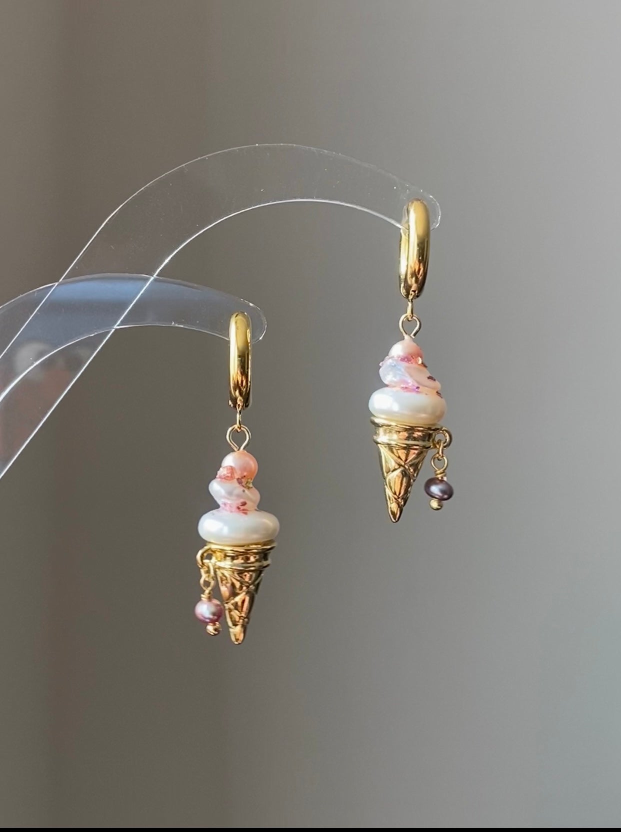 Strawberry Swirl Baroque Pearl Ice Cream Cone Earrings, Handmade Fun Statement Jewelry Summer Gift, Whimsical Pearl Earrings, Unique Earring