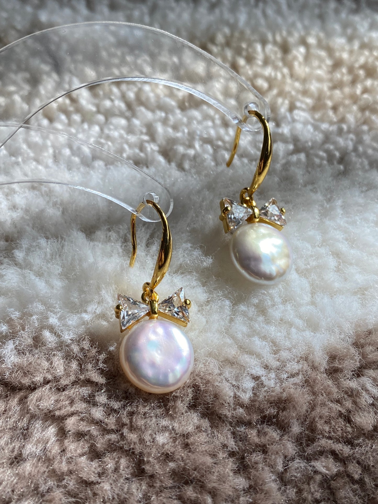 Handmade Natural Baroque Coin Pearl with Zircon Bow Hook Earrings,Cute Bow earring Elegant Dainty earring, Wedding Earrings, Bridesmaid Gift