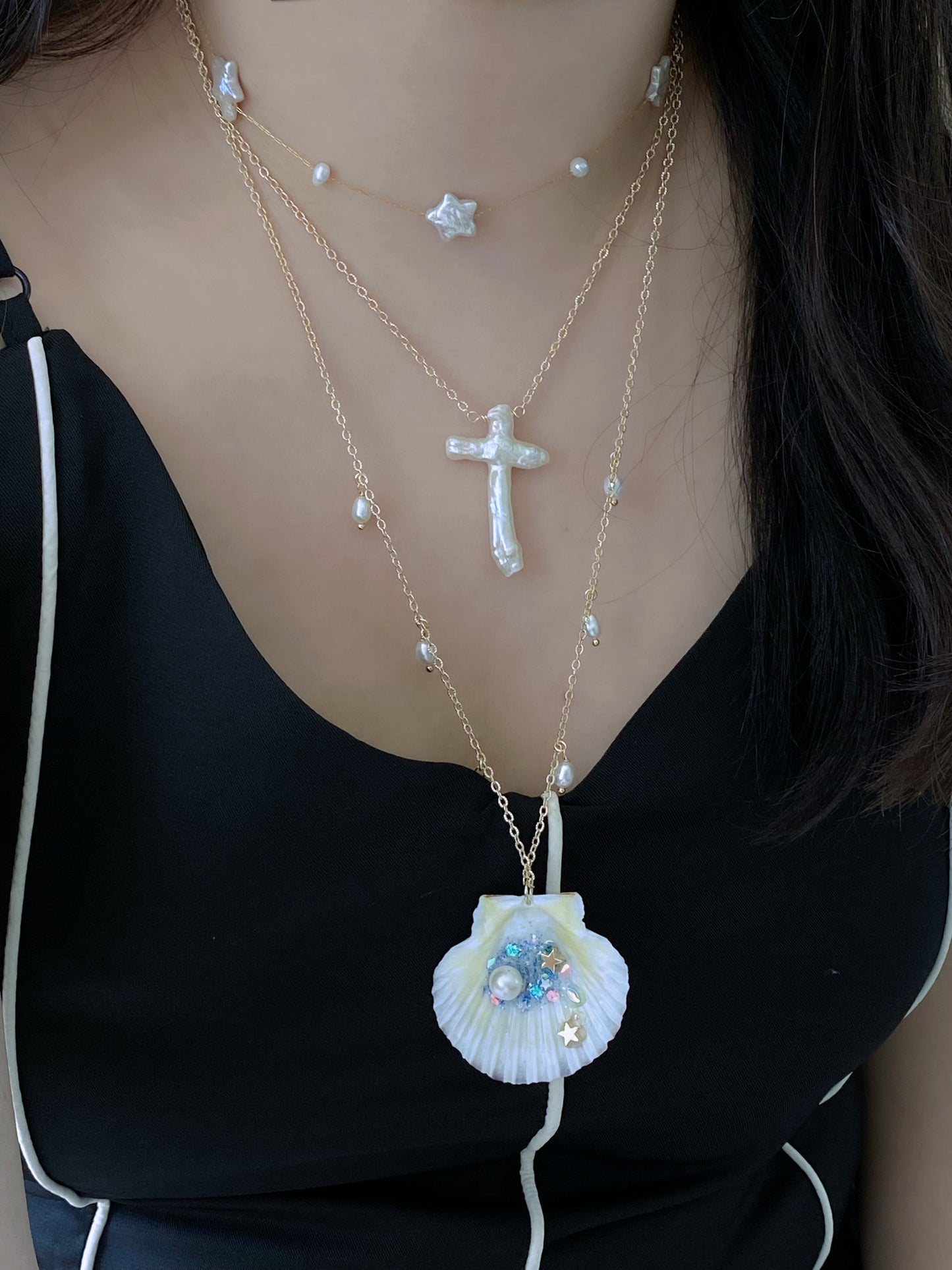 Handmade Reversible Seashell Pendant long Necklace – Ocean Fantasy with Pearls and Charms summer gift for her birthday gift anniversary gift