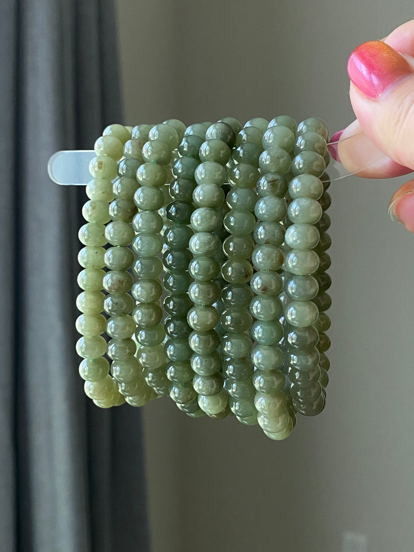High Grade Nephrite Hetian Jade Biyu ,Abacus Bead Donut Ring Shape Green Bracelet Emotional Healing and Self-Acceptance 8MM