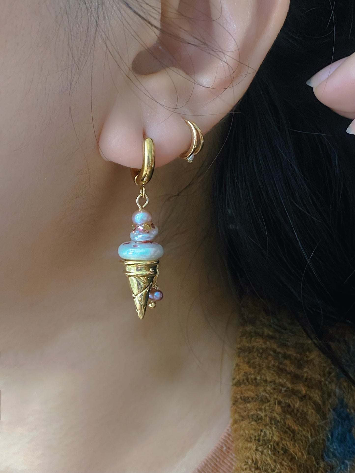 Strawberry Swirl Baroque Pearl Ice Cream Cone Earrings, Handmade Fun Statement Jewelry Summer Gift, Whimsical Pearl Earrings, Unique Earring