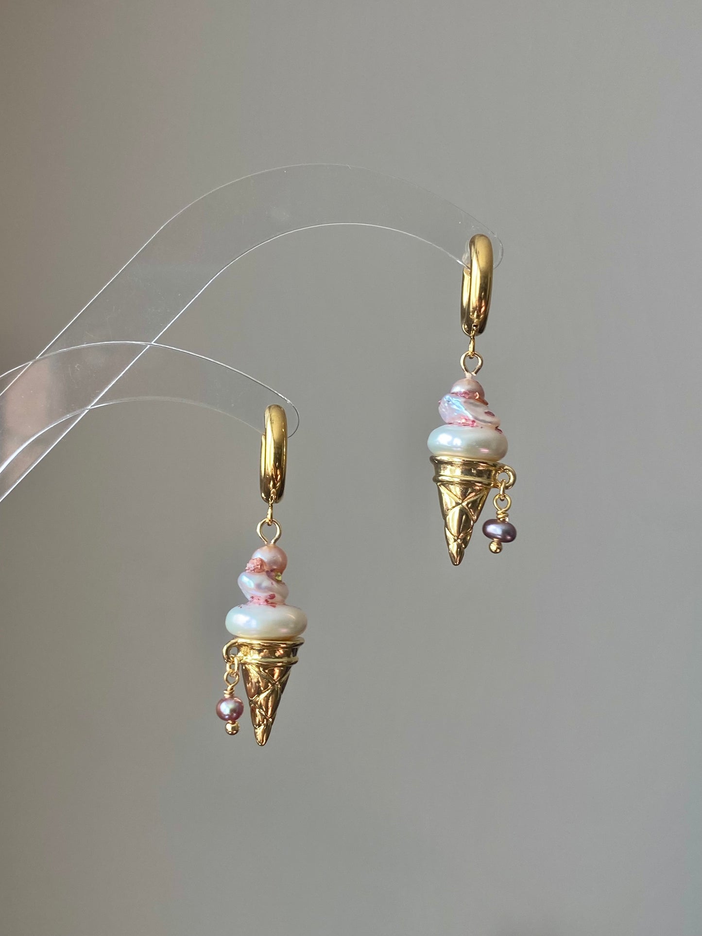 Strawberry Swirl Baroque Pearl Ice Cream Cone Earrings, Handmade Fun Statement Jewelry Summer Gift, Whimsical Pearl Earrings, Unique Earring