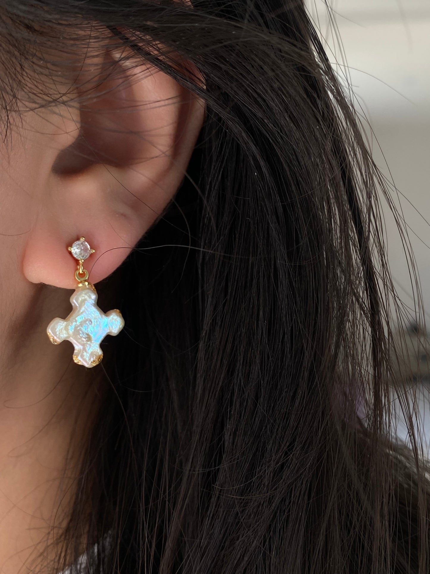 Dainty Petal Cross Pearl Earrings 3 in 1 | Baroque Pearl Pendant | Zircon Stud or Gold Hoop | Bridesmaid Gift for Her love gift