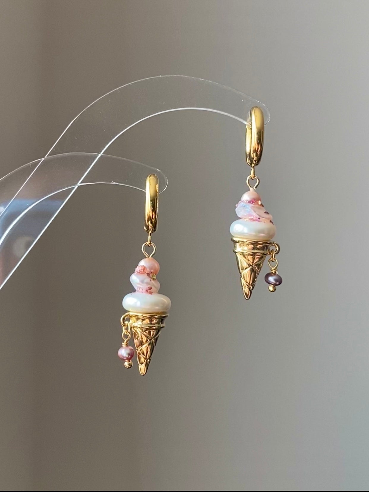 Strawberry Swirl Baroque Pearl Ice Cream Cone Earrings, Handmade Fun Statement Jewelry Summer Gift, Whimsical Pearl Earrings, Unique Earring