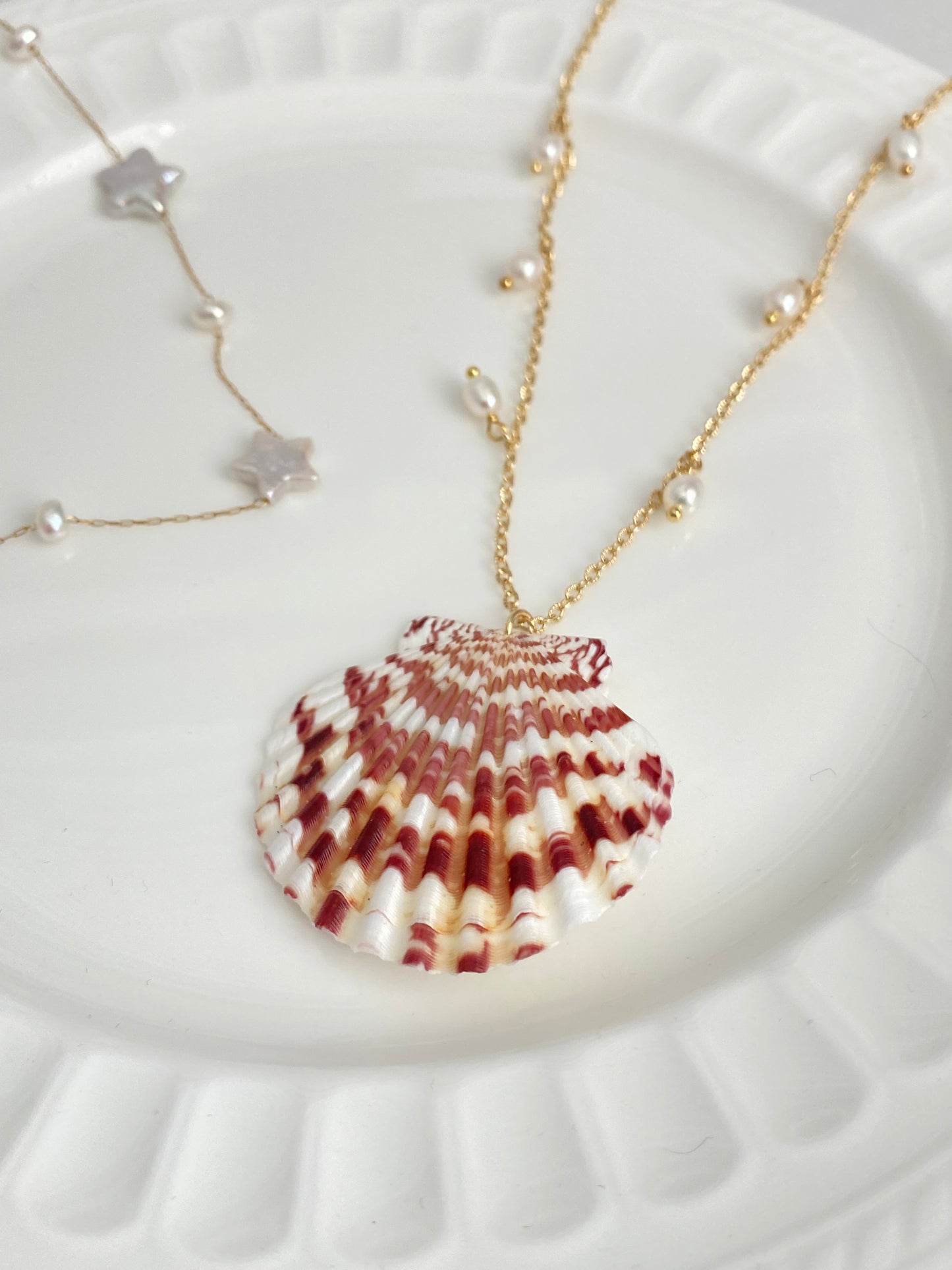 Handmade Reversible Seashell Pendant long Necklace – Ocean Fantasy with Pearls and Charms summer gift for her birthday gift anniversary gift