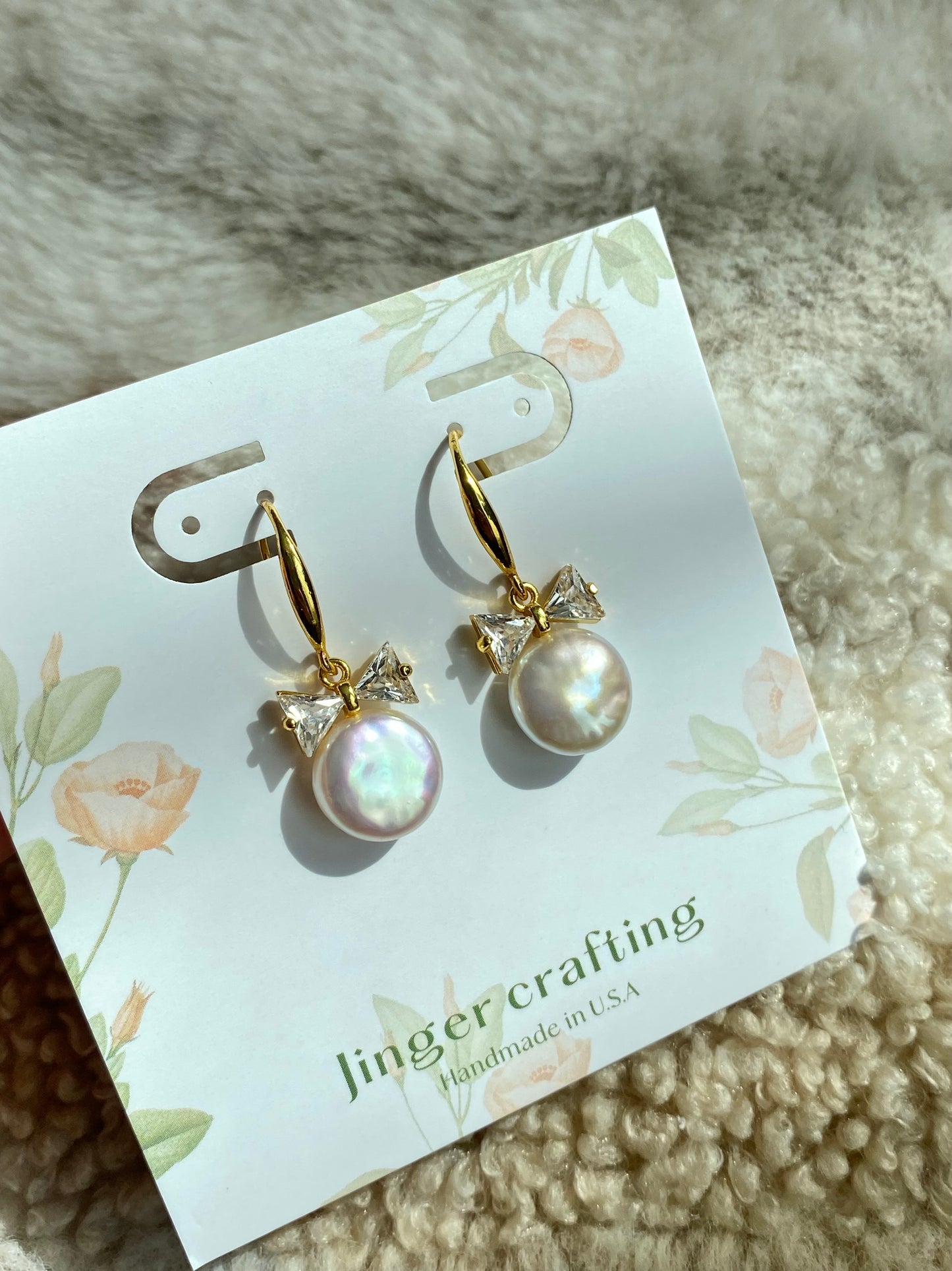 Handmade Natural Baroque Coin Pearl with Zircon Bow Hook Earrings,Cute Bow earring Elegant Dainty earring, Wedding Earrings, Bridesmaid Gift