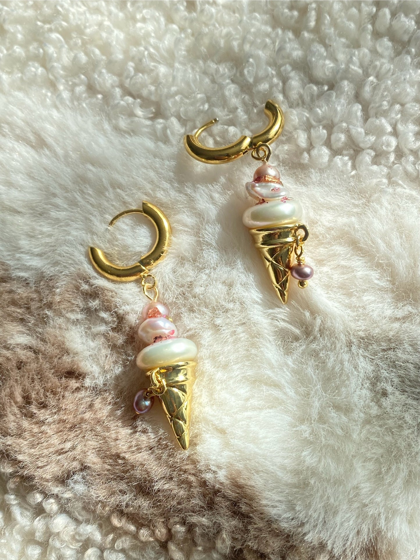 Strawberry Swirl Baroque Pearl Ice Cream Cone Earrings, Handmade Fun Statement Jewelry Summer Gift, Whimsical Pearl Earrings, Unique Earring