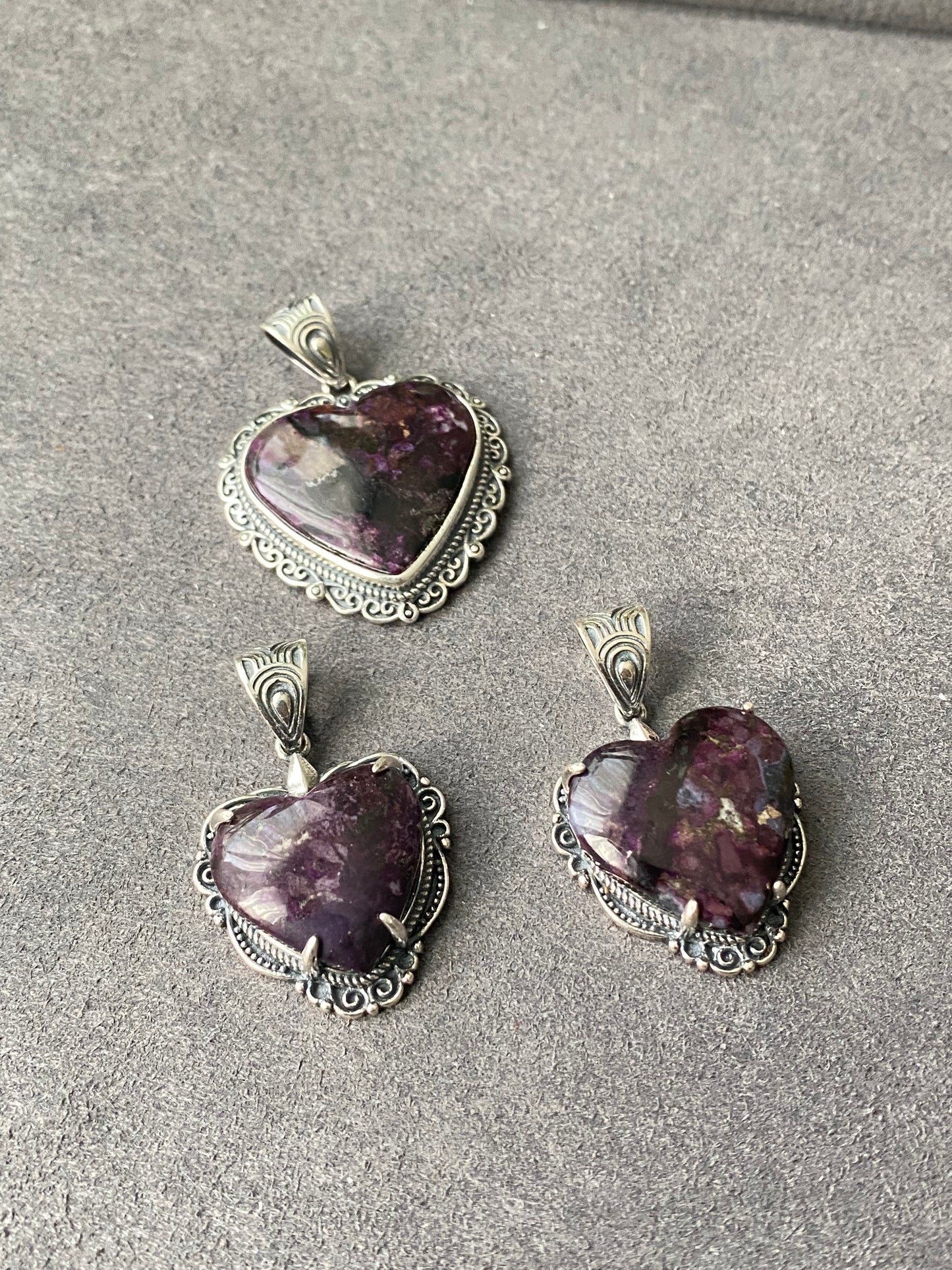 Natural High Rare Grade Purple Pink Sugilite Heart Shape Mid-century Sterling Silver Pendant