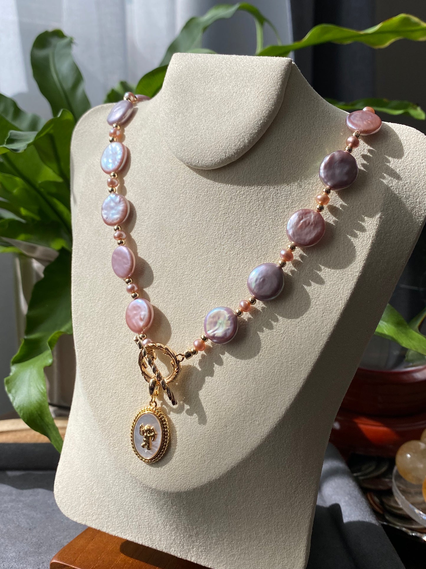 Natural freshwater pearls,baroque metal purple pink cookie shape round button multiple use Necklace,handmade necklace