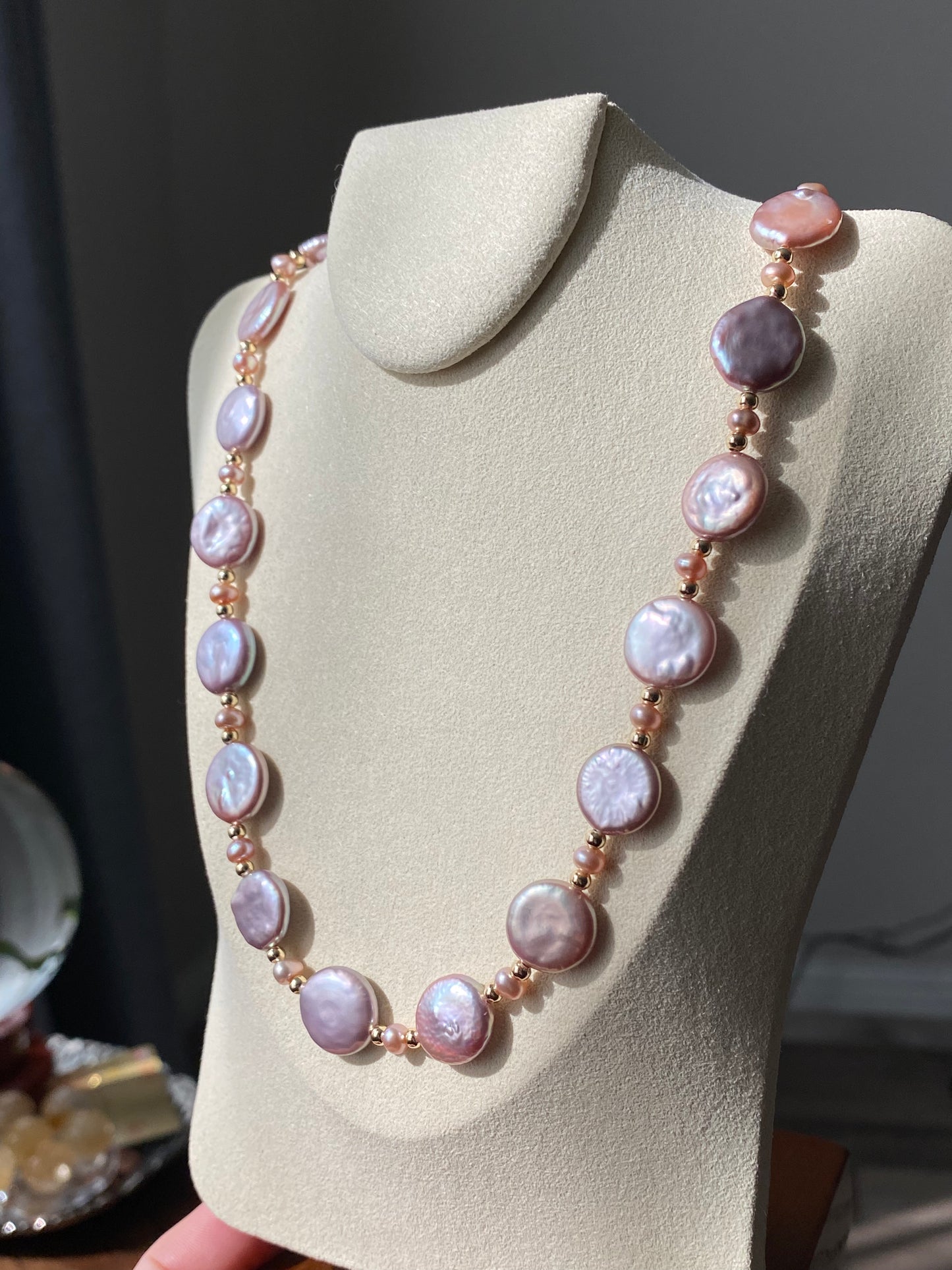 Natural freshwater pearls,baroque metal purple pink cookie shape round button multiple use Necklace,handmade necklace