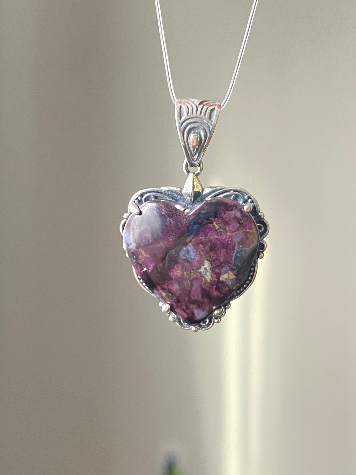 Natural High Rare Grade Purple Pink Sugilite Heart Shape Mid-century Sterling Silver Pendant