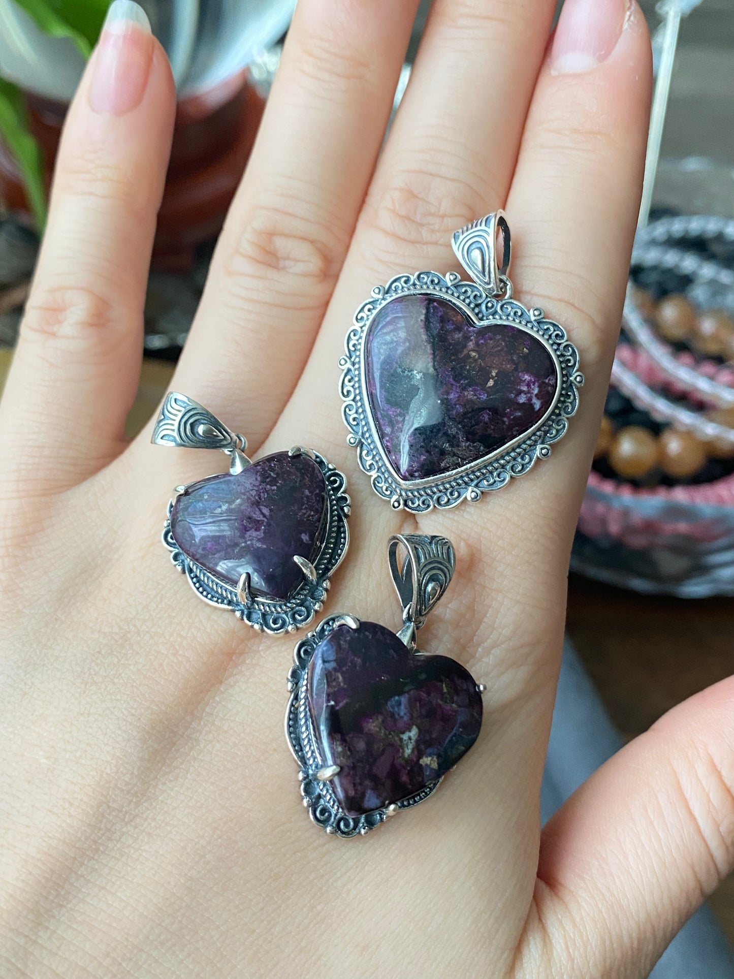 Natural High Rare Grade Purple Pink Sugilite Heart Shape Mid-century Sterling Silver Pendant