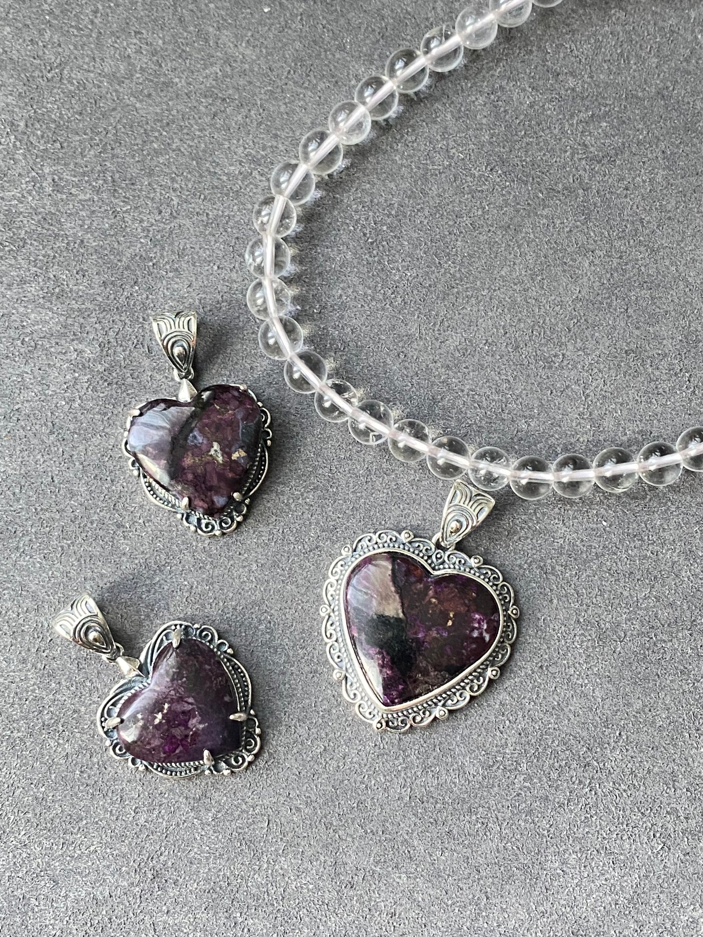 Natural High Rare Grade Purple Pink Sugilite Heart Shape Mid-century Sterling Silver Pendant