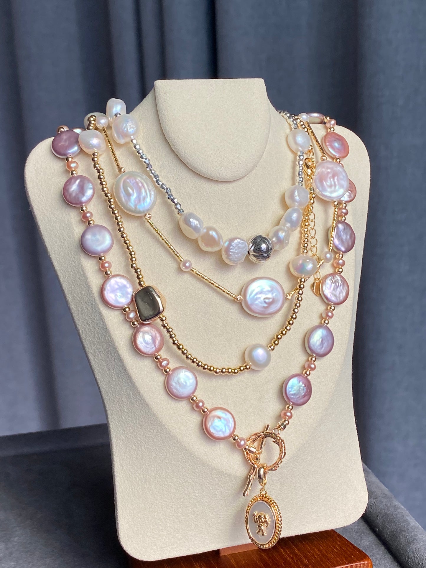 Natural freshwater pearls,baroque metal purple pink cookie shape round button multiple use Necklace,handmade necklace