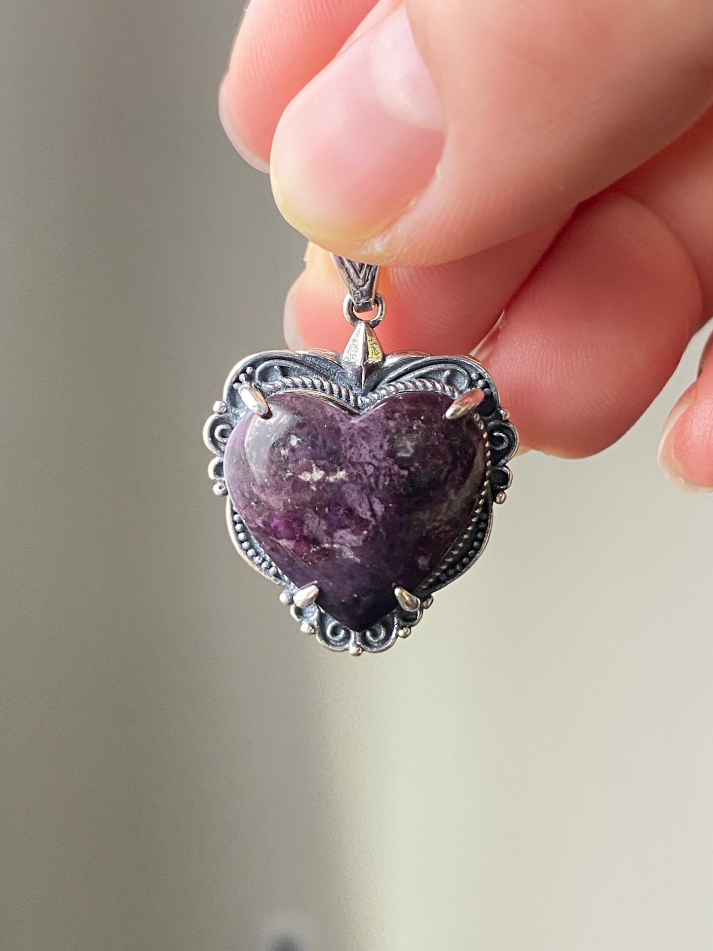 Natural High Rare Grade Purple Pink Sugilite Heart Shape Mid-century Sterling Silver Pendant