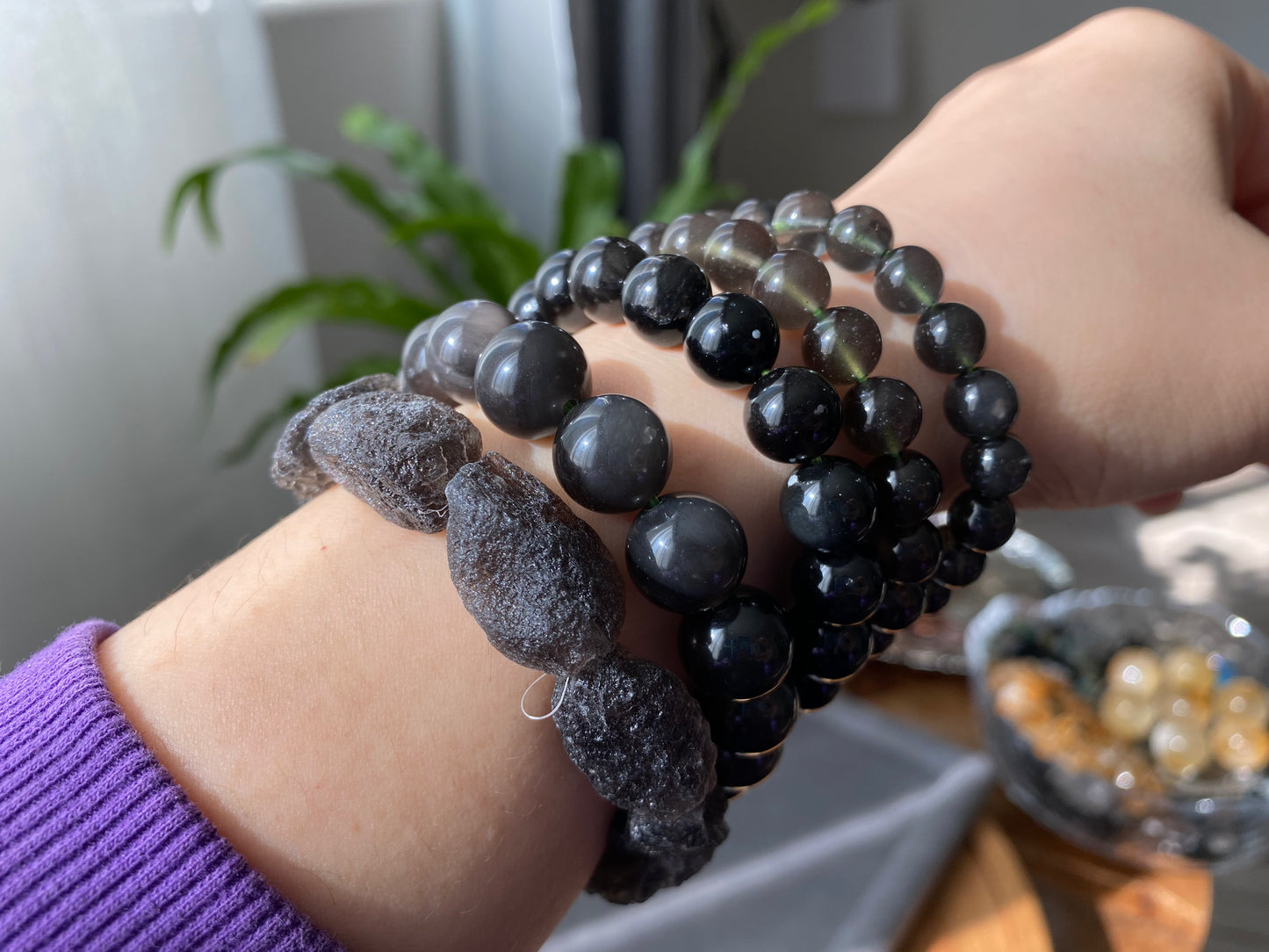 Natural Cintamani Saffordite Tektite Bracelet, wishing stone, Saffordite Tektites, Arizona Tektitest polished round bead bracelet
