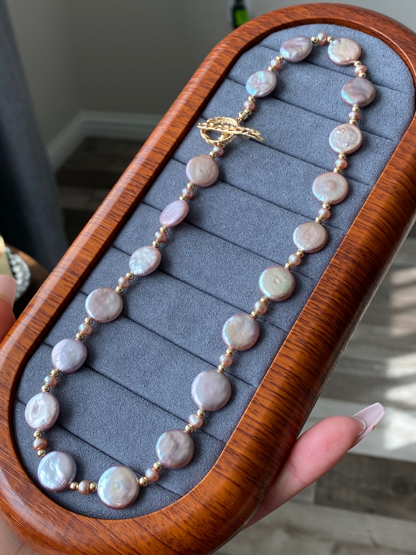 Natural freshwater pearls,baroque metal purple pink cookie shape round button multiple use Necklace,handmade necklace