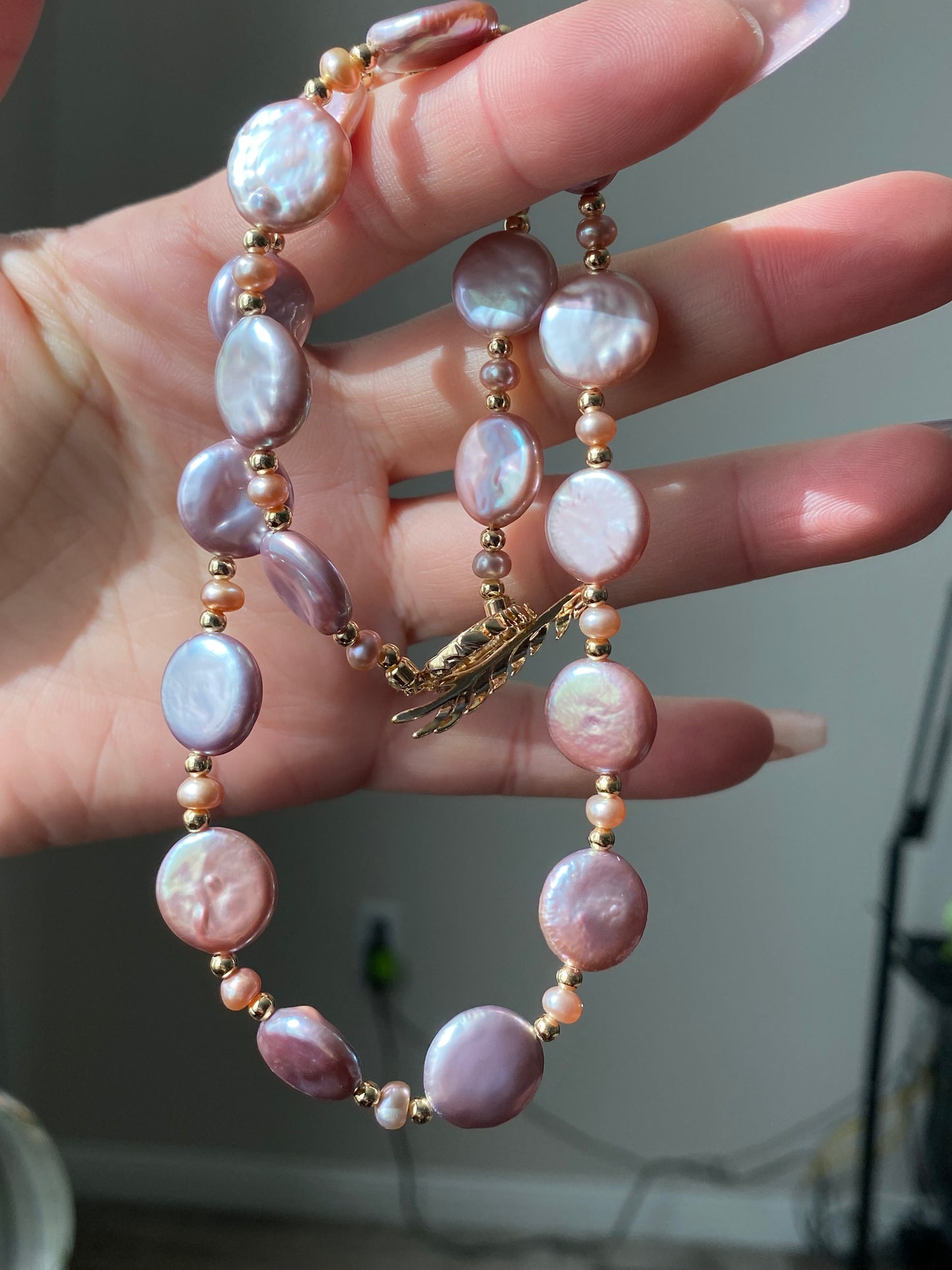 Natural freshwater pearls,baroque metal purple pink cookie shape round button multiple use Necklace,handmade necklace