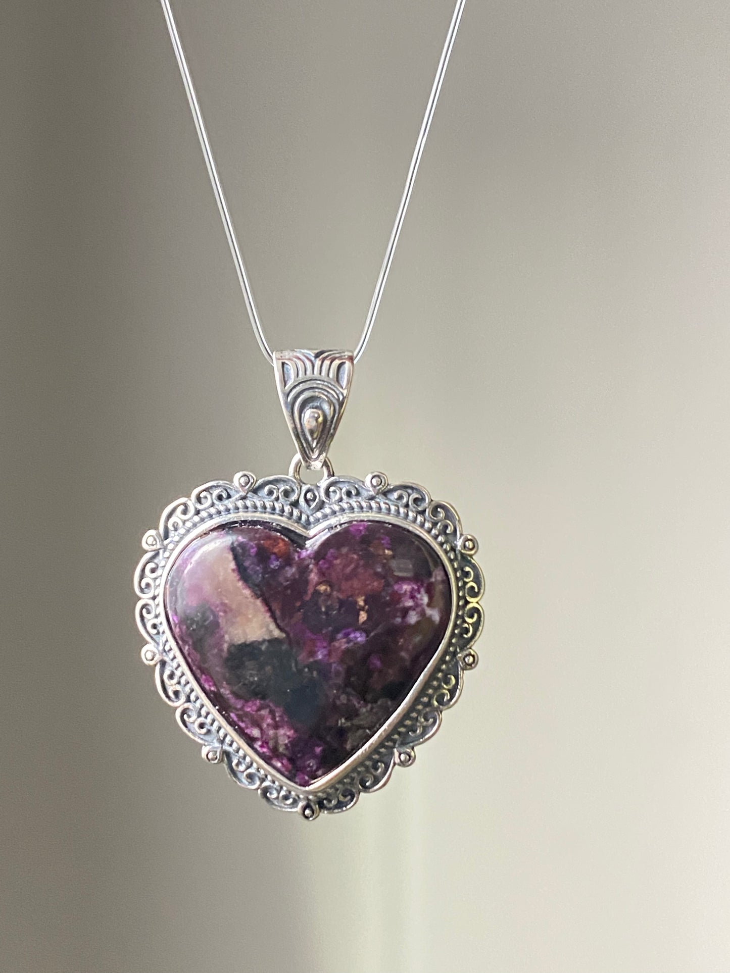 Natural High Rare Grade Purple Pink Sugilite Heart Shape Mid-century Sterling Silver Pendant