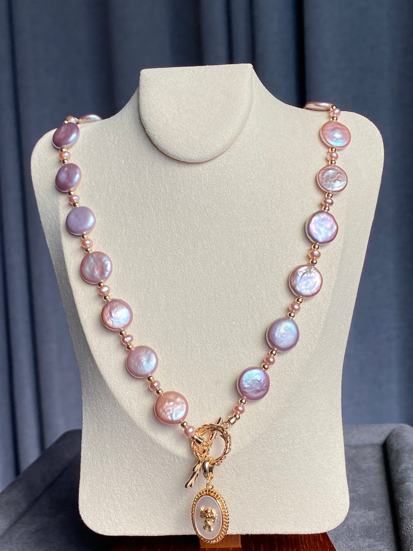 Natural freshwater pearls,baroque metal purple pink cookie shape round button multiple use Necklace,handmade necklace