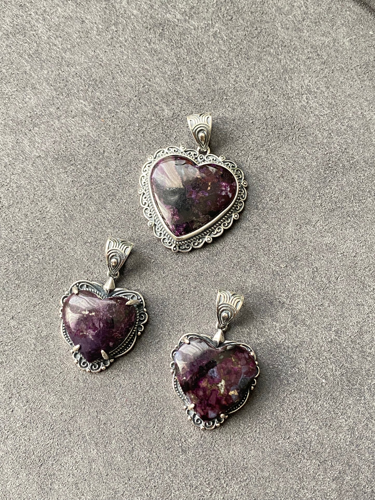 Natural High Rare Grade Purple Pink Sugilite Heart Shape Mid-century Sterling Silver Pendant
